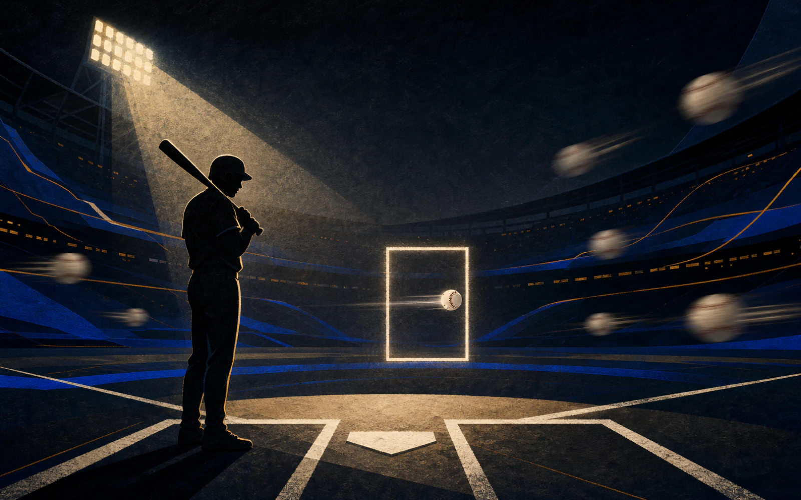 An editorial illustration of a patient batter ignoring pitches outside a glowing strike zone.