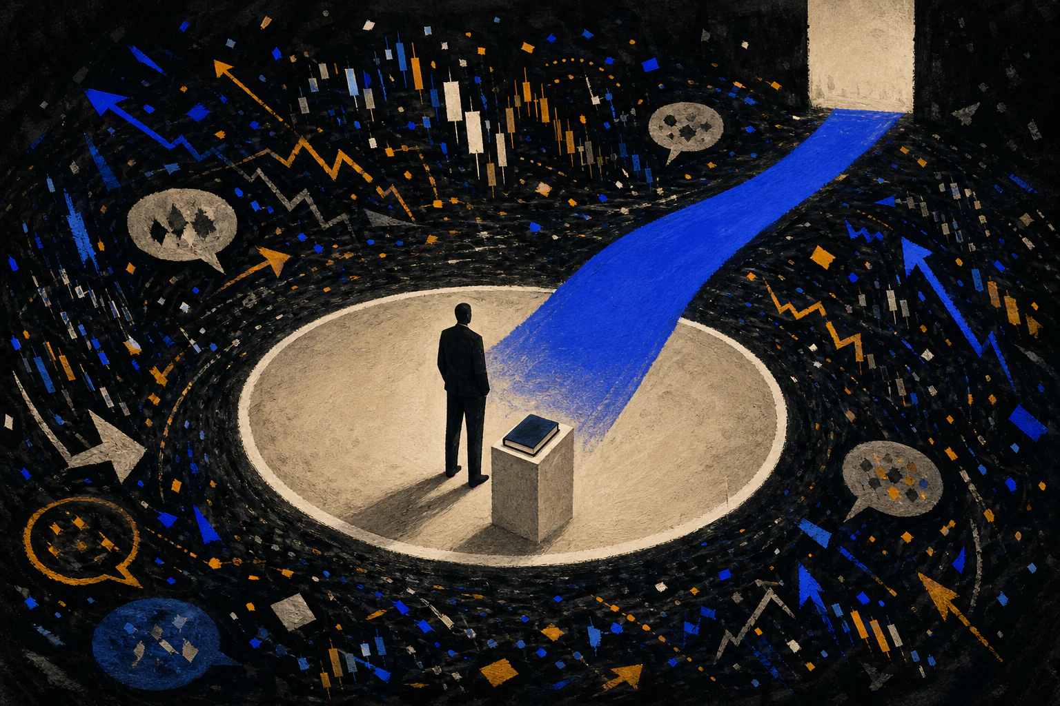 A calm trader follows one clear path while market noise swirls outside a protected boundary.