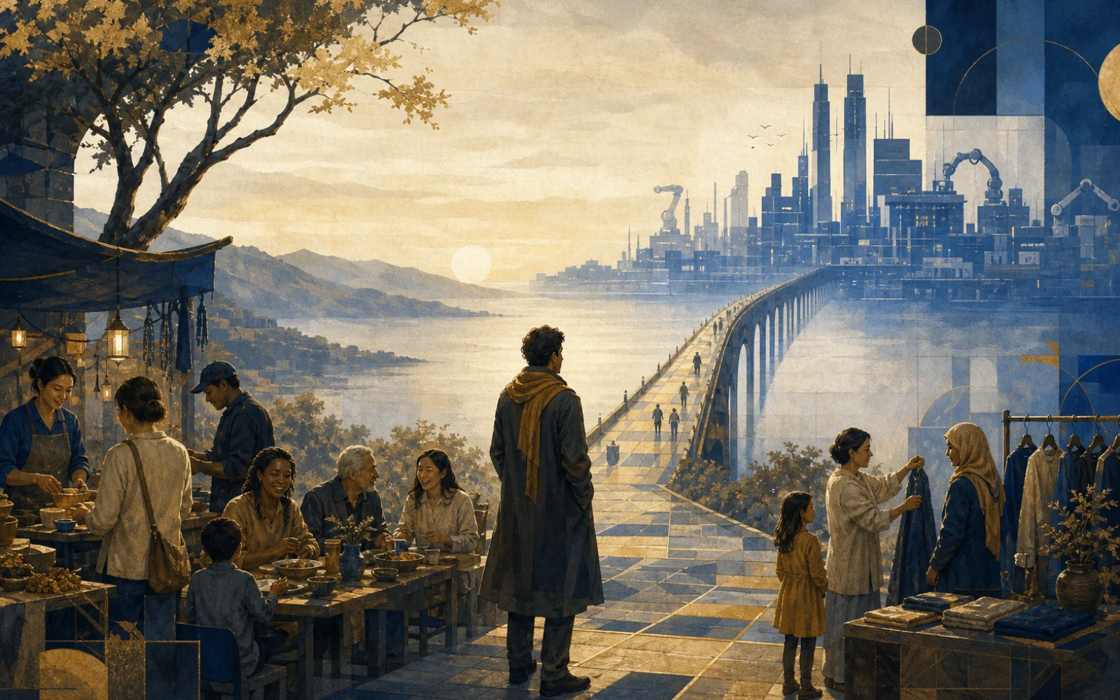 A warm human marketplace and shared table face a long bridge leading toward a distant blue city of automation.