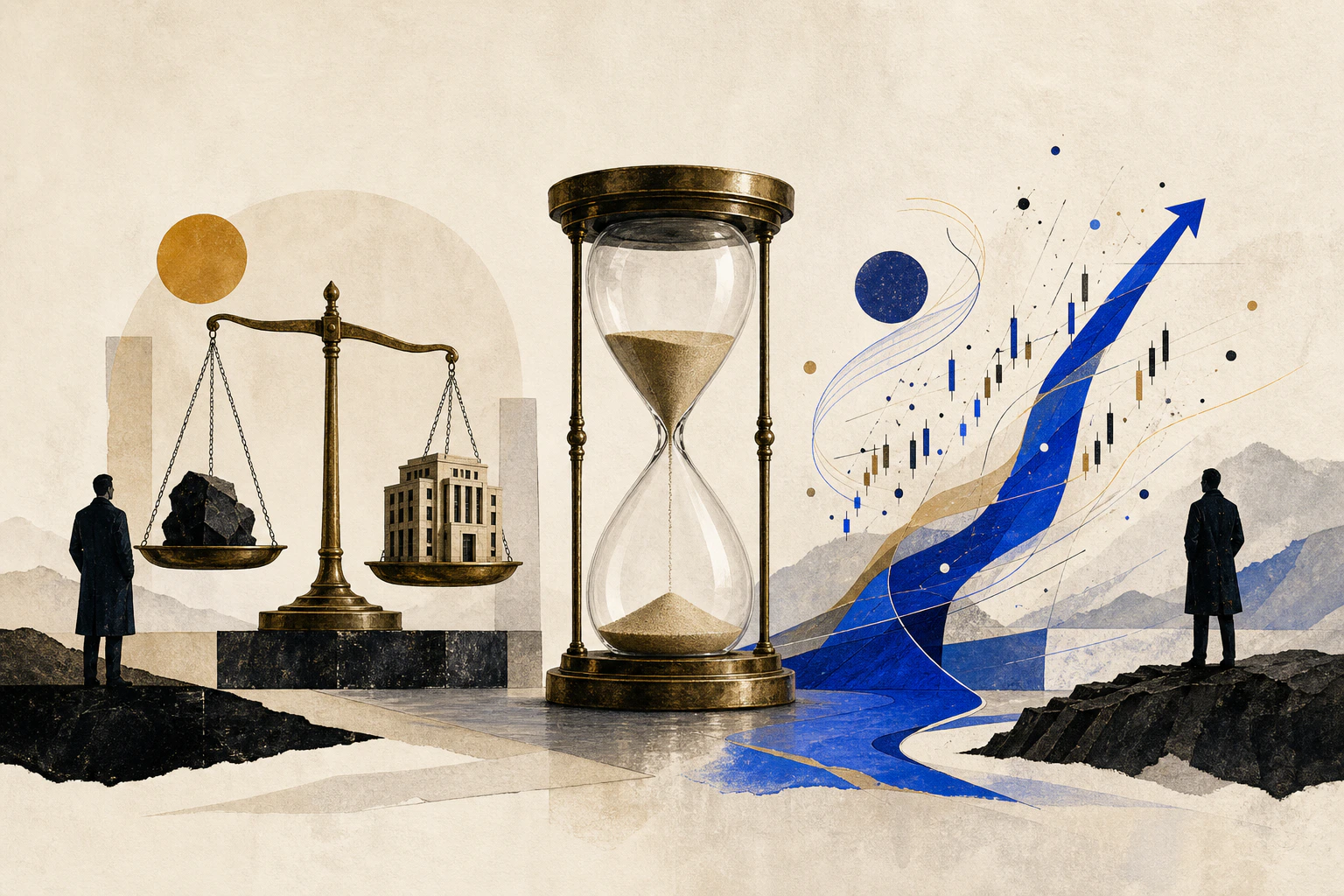 An hourglass divides a balance representing value from market marks converging into a trend.