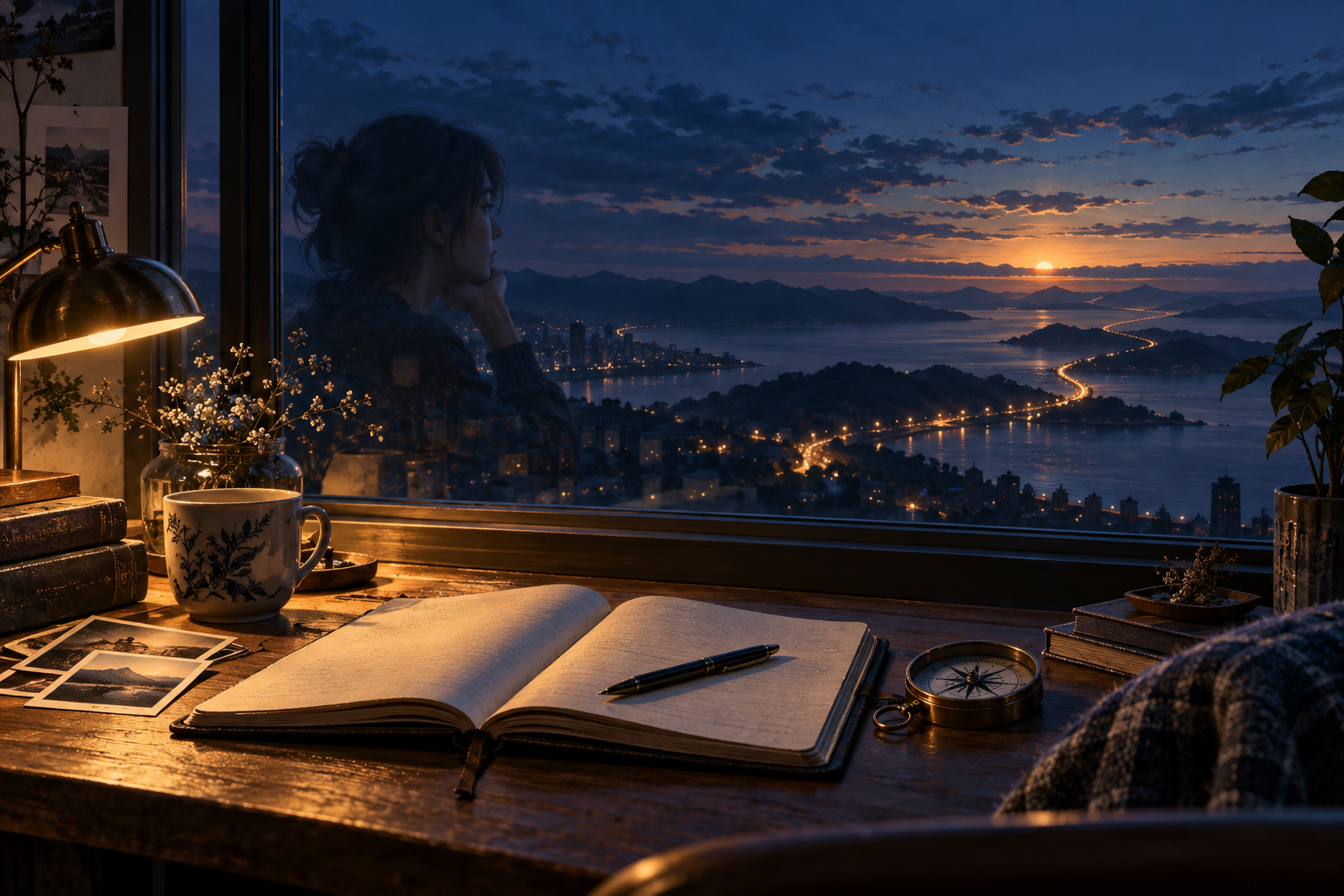 An open notebook and a compass sit on a desk by a window, while golden lights trace the coast toward a distant horizon.