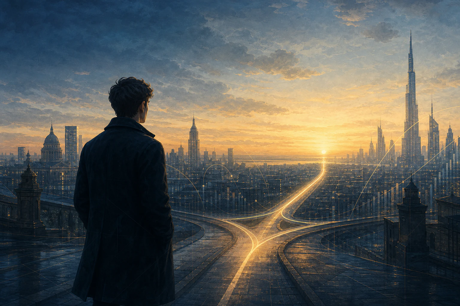 A young man stands at a city crossroads at dawn as one luminous path continues toward the horizon.