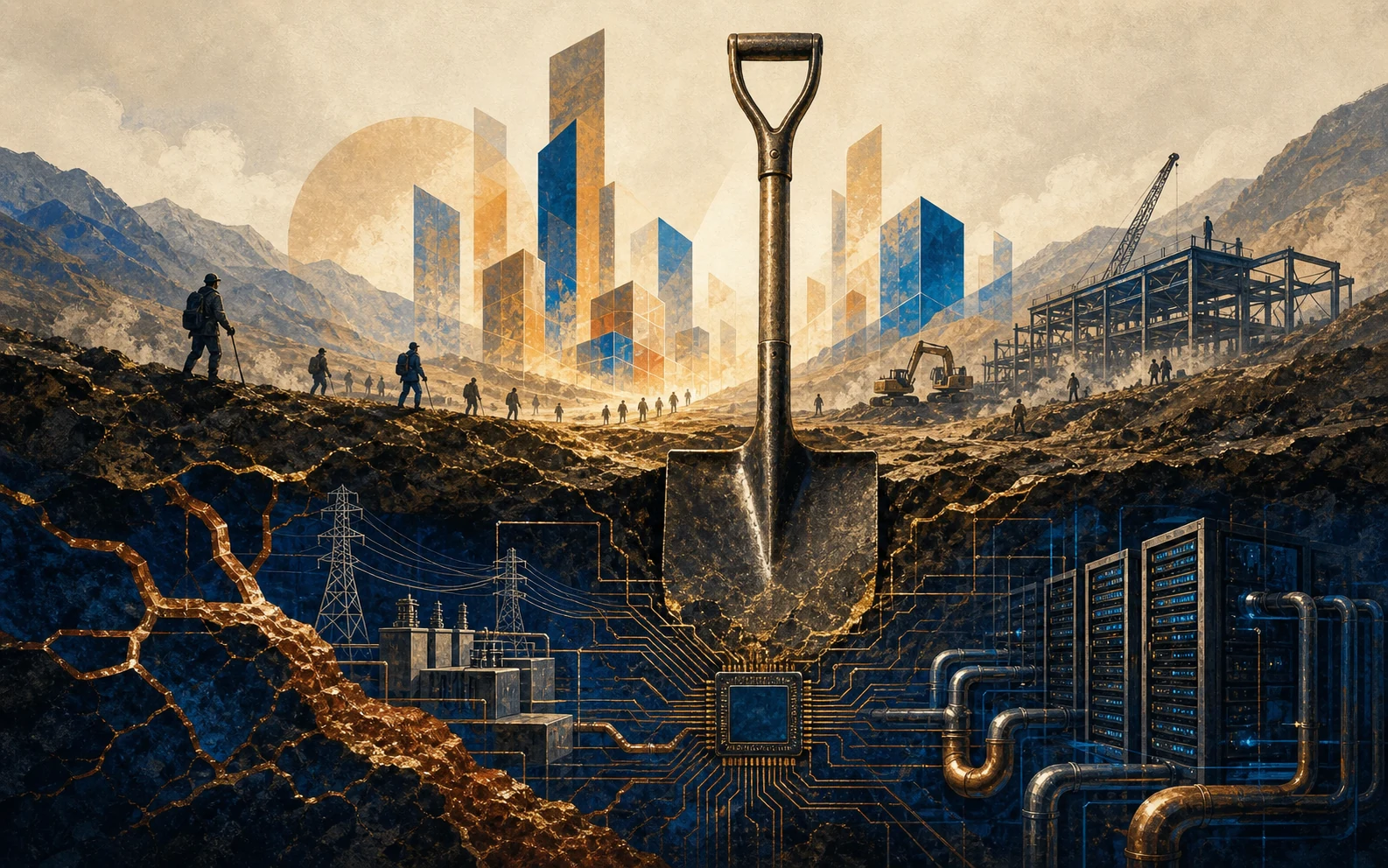 A steel shovel planted through a cutaway landscape connects AI prospectors above to copper, power grids, chips, cooling pipes, and server racks below.