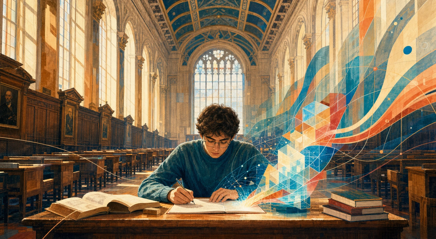 A student studies in a historic examination hall beside a luminous geometric AI tool.