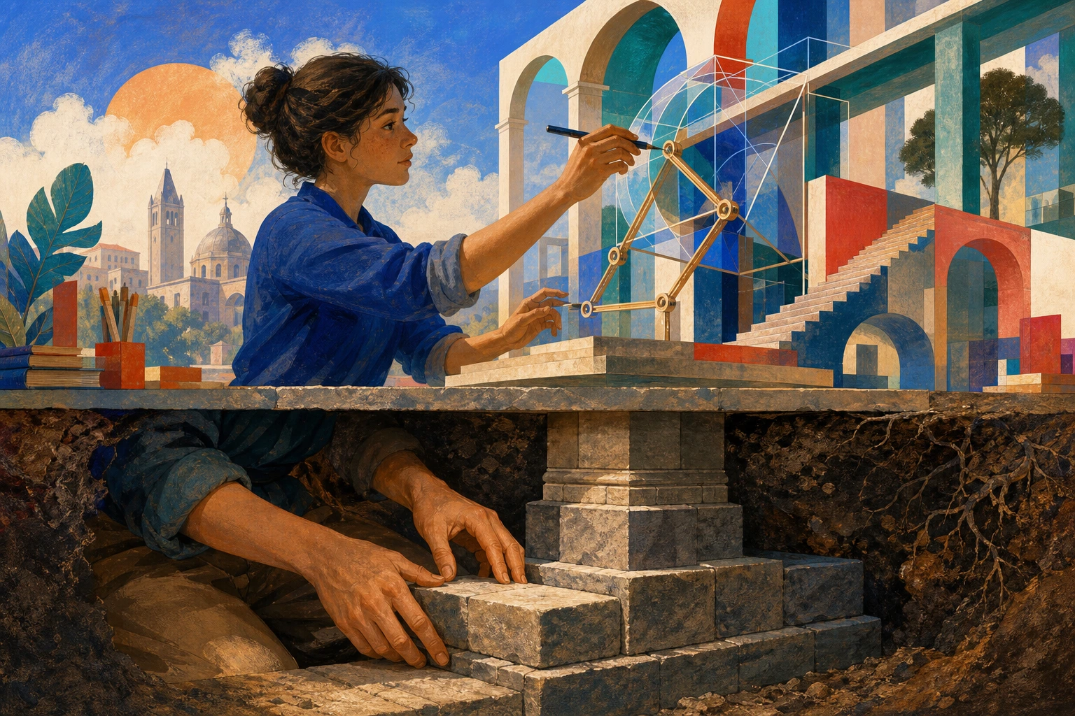 A student lays a stone foundation by hand below while directing an AI-assisted building tool above.