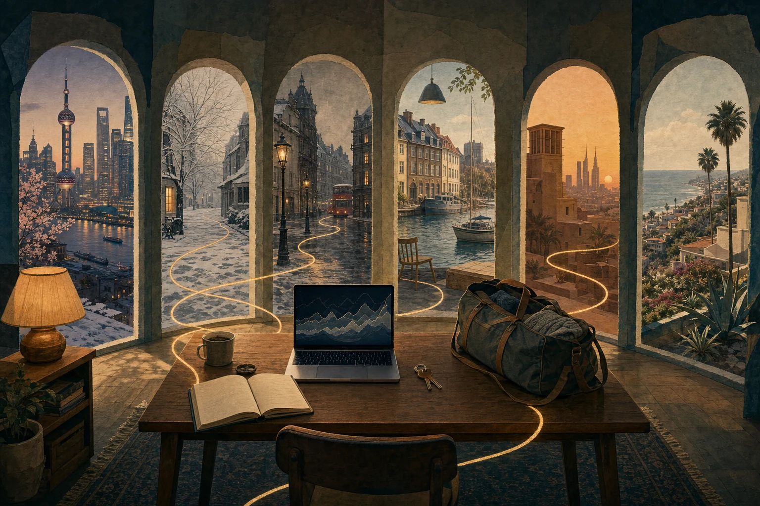 A calm desk faces six arched views of Shanghai, a snowy hometown, London, Copenhagen, Dubai, and Los Angeles, linked by one warm route.