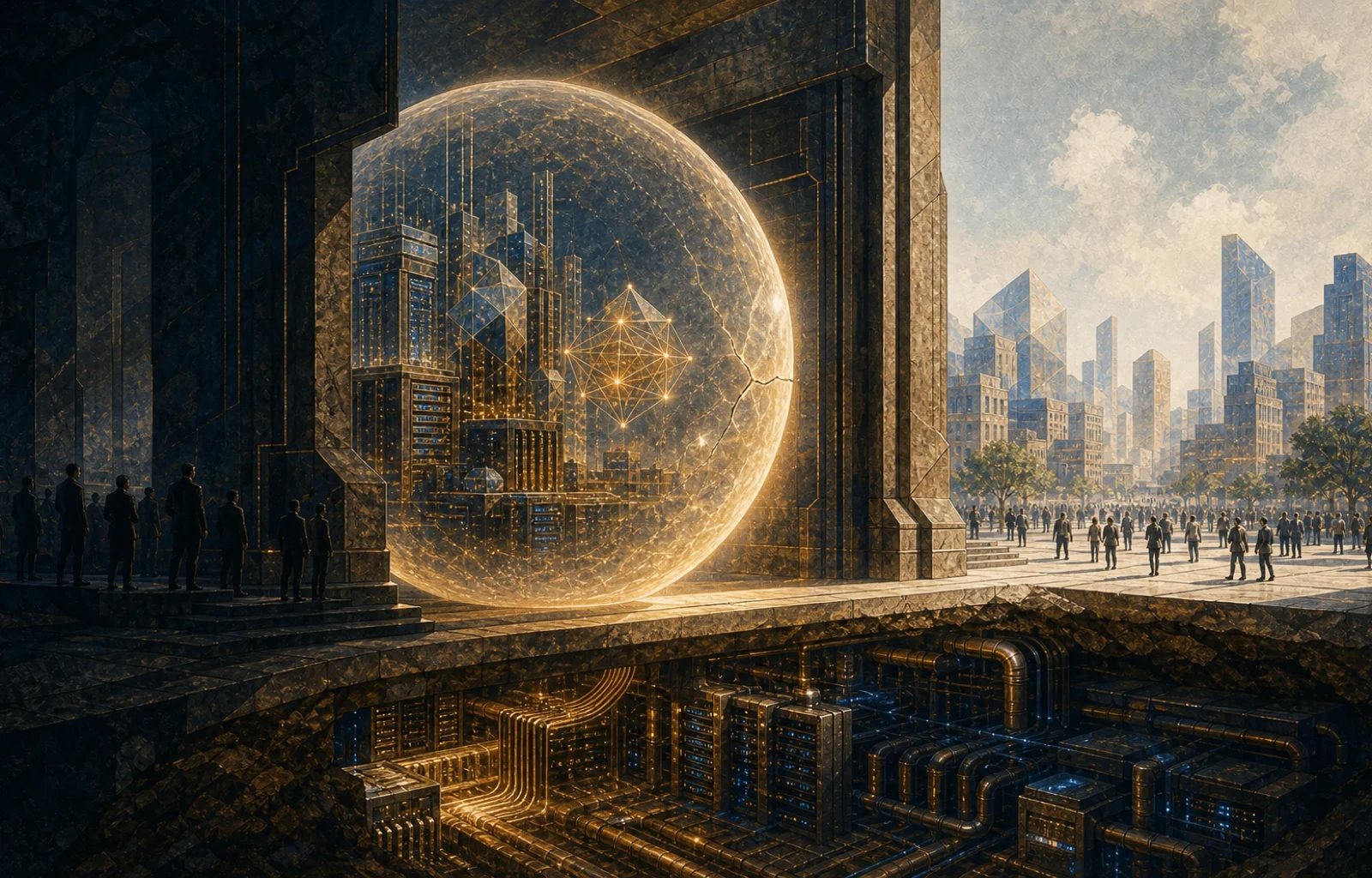 A vast transparent sphere containing an AI city crosses a monumental public-market gate, developing a hairline fracture above exposed server, power, and cooling infrastructure.
