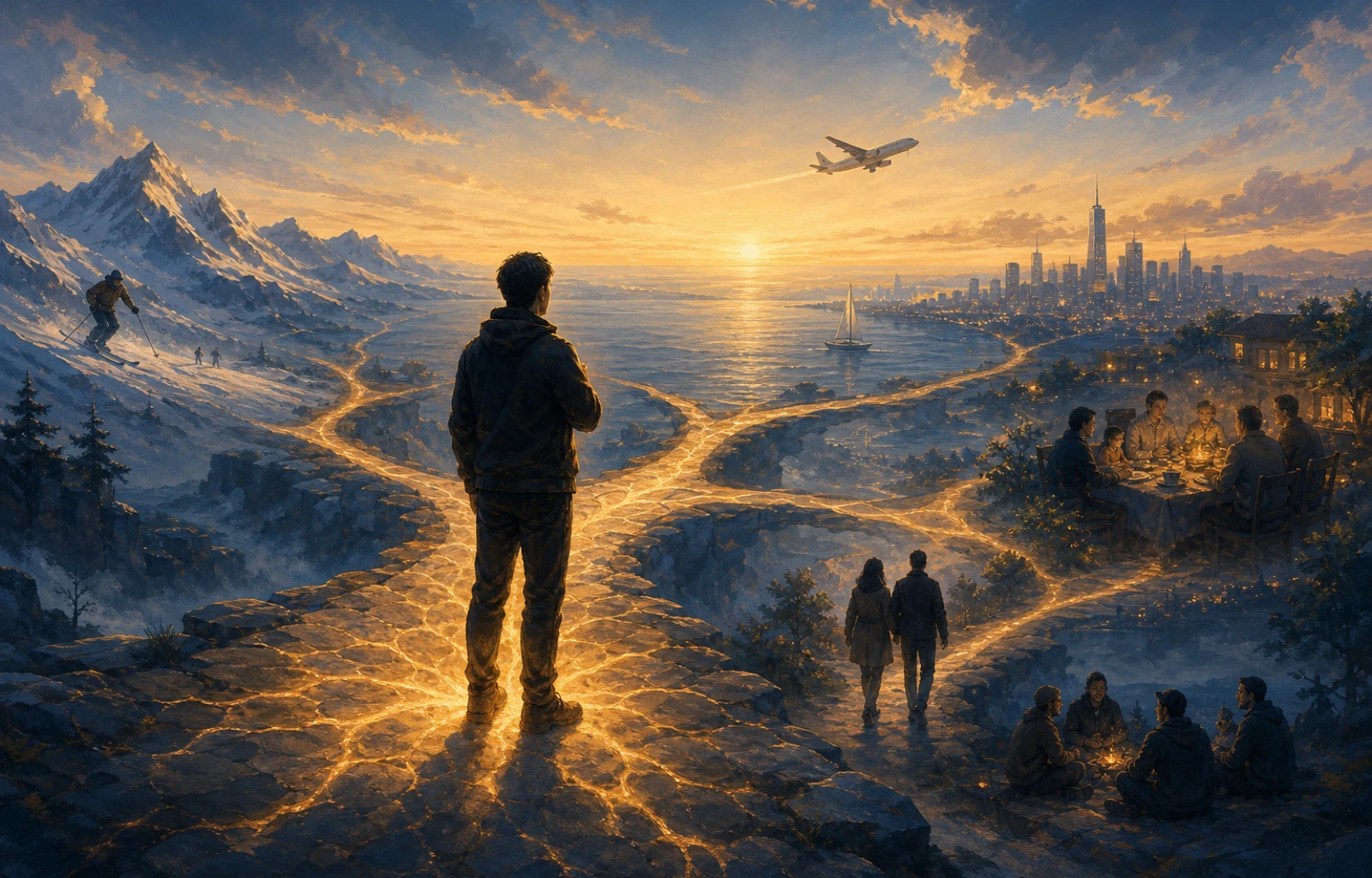 At dawn, a traveler stands on a warm, branching path toward mountains, the sea, a city, family, a partner, and old friends—possible lives all sustained by the same living foundation.