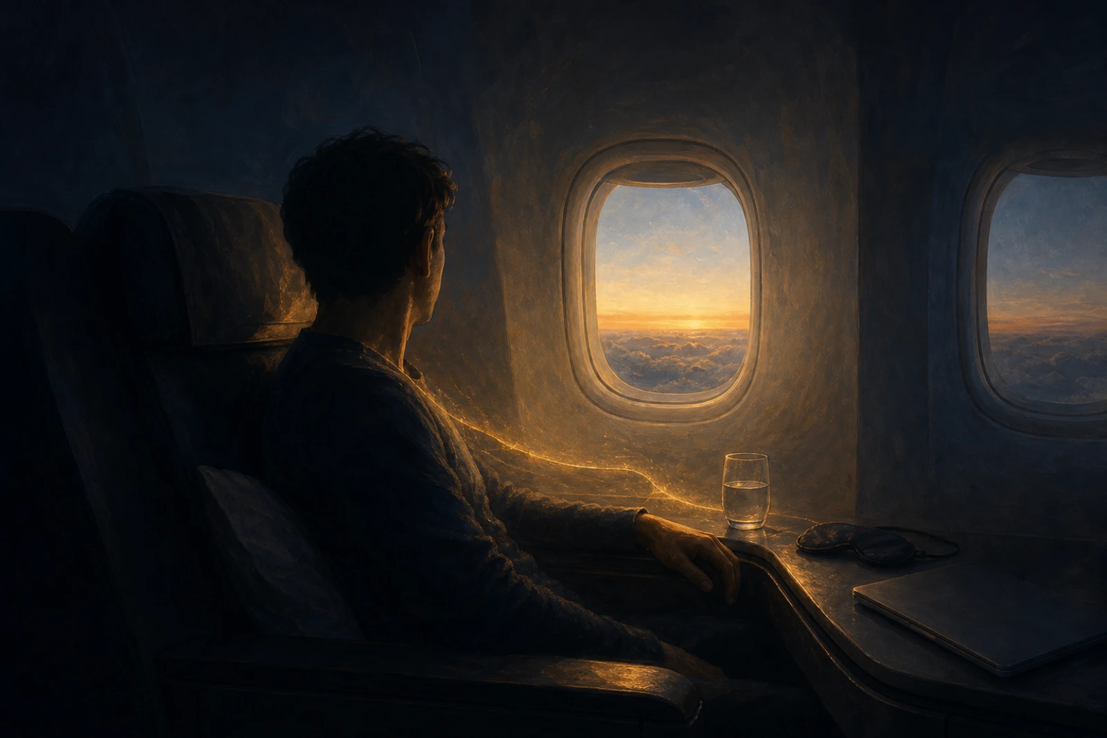 An exhausted traveler sits awake beside an airplane window at dawn, with a thinning thread of warm light suggesting a body whose reserves are nearly spent.