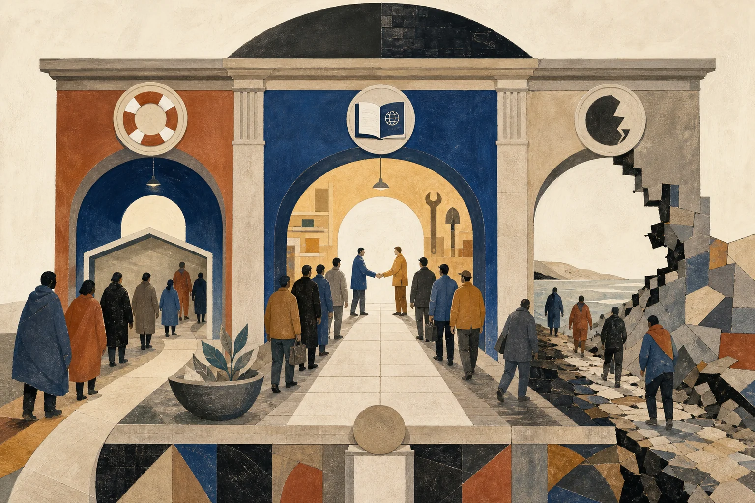 A civic border structure offers separate dignified routes for emergency refuge and lawful migration while an uncontrolled side channel erodes the foundation.