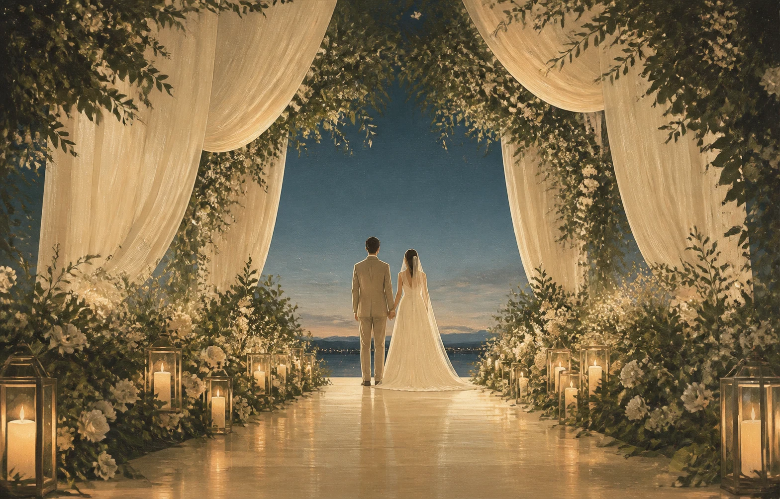 An anonymous illustrated newlywed couple seen from behind, holding hands at the end of a candlelit aisle framed by ivory drapery and greenery.
