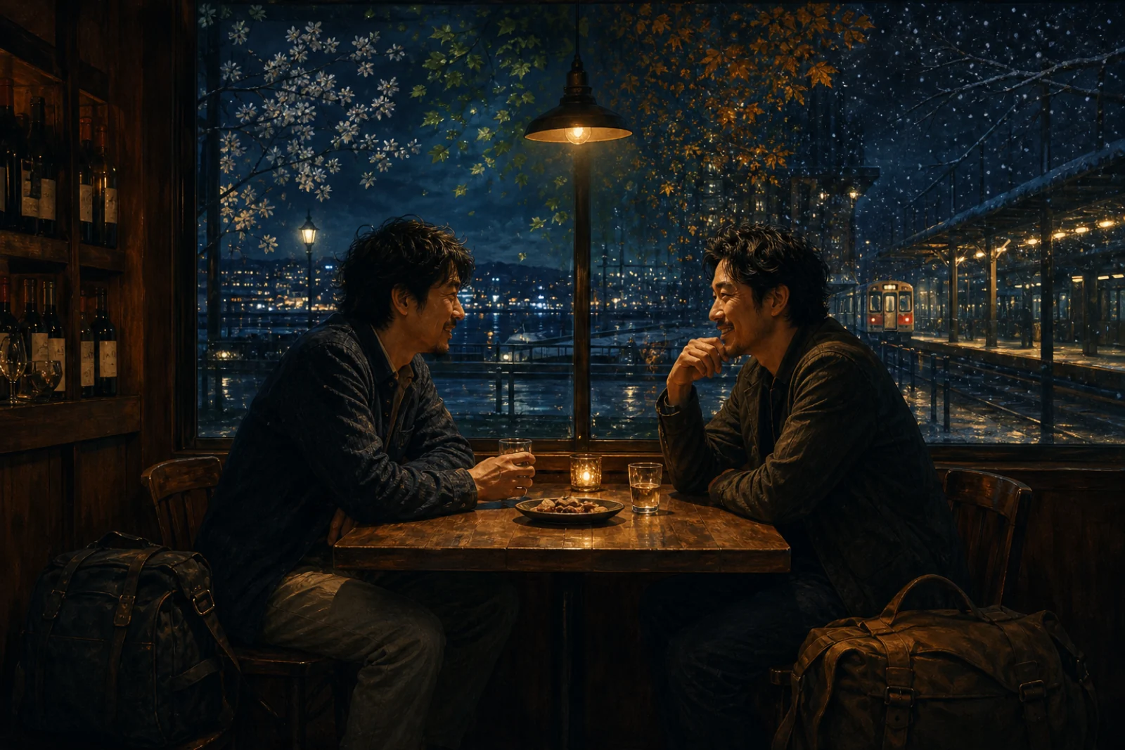 Two old friends with travel bags sit across a small tavern table, talking easily beneath warm light as several seasons blend beyond the window.