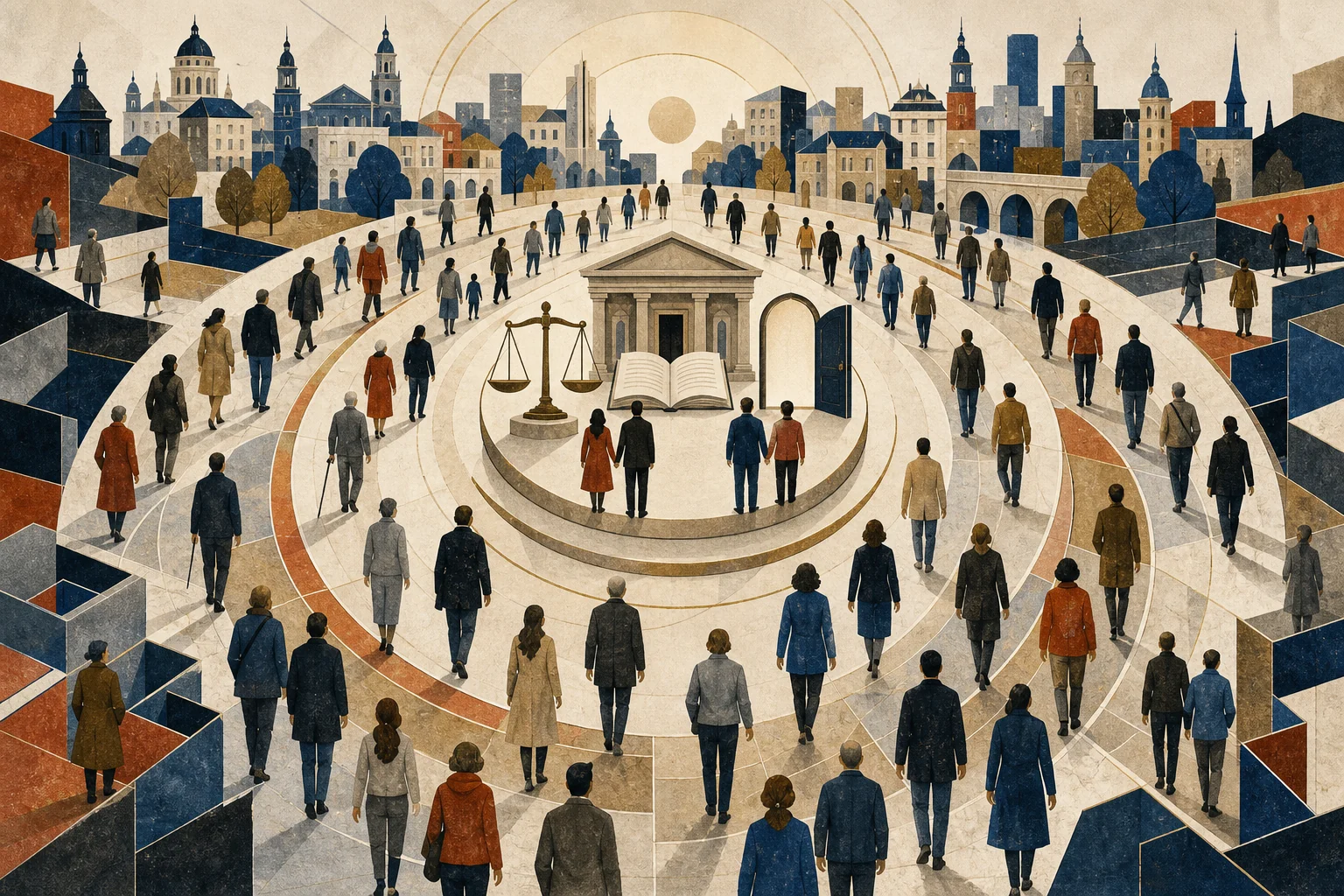 Multiple generations converge through rings of time on a common civic foundation of equal law, education, and individual freedom in a growing city.