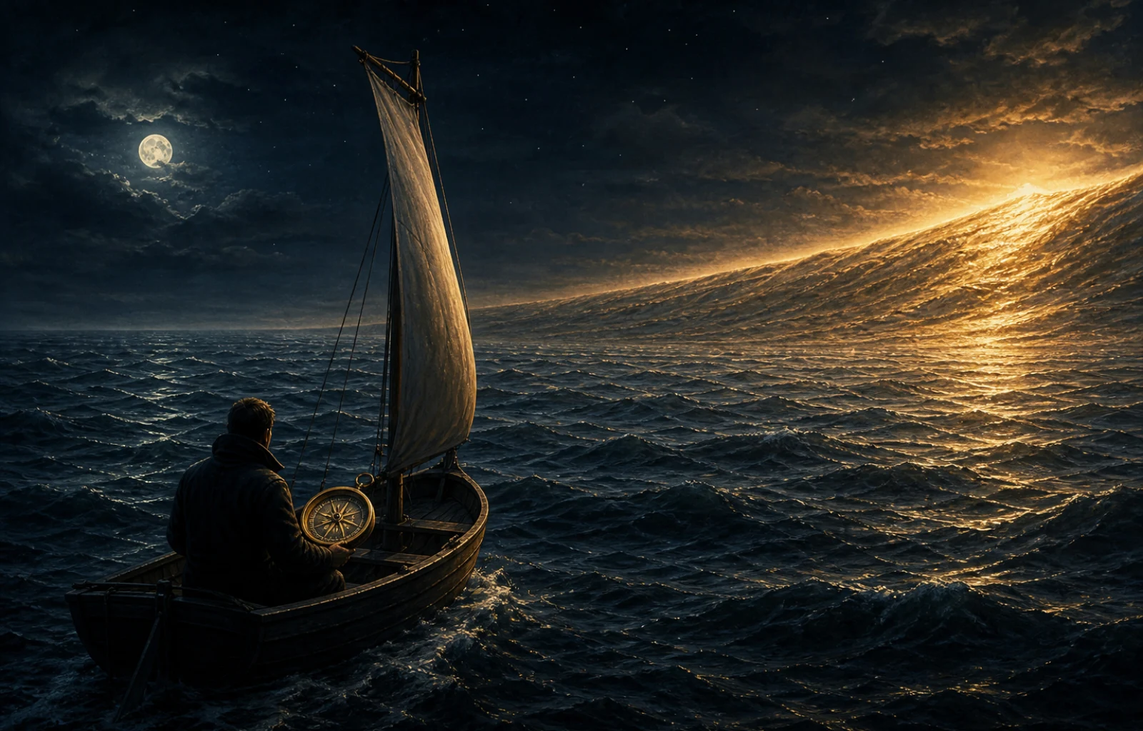 A navigator in a small boat follows the correct compass bearing toward a powerful golden swell, but his sail remains only partly unfurled.