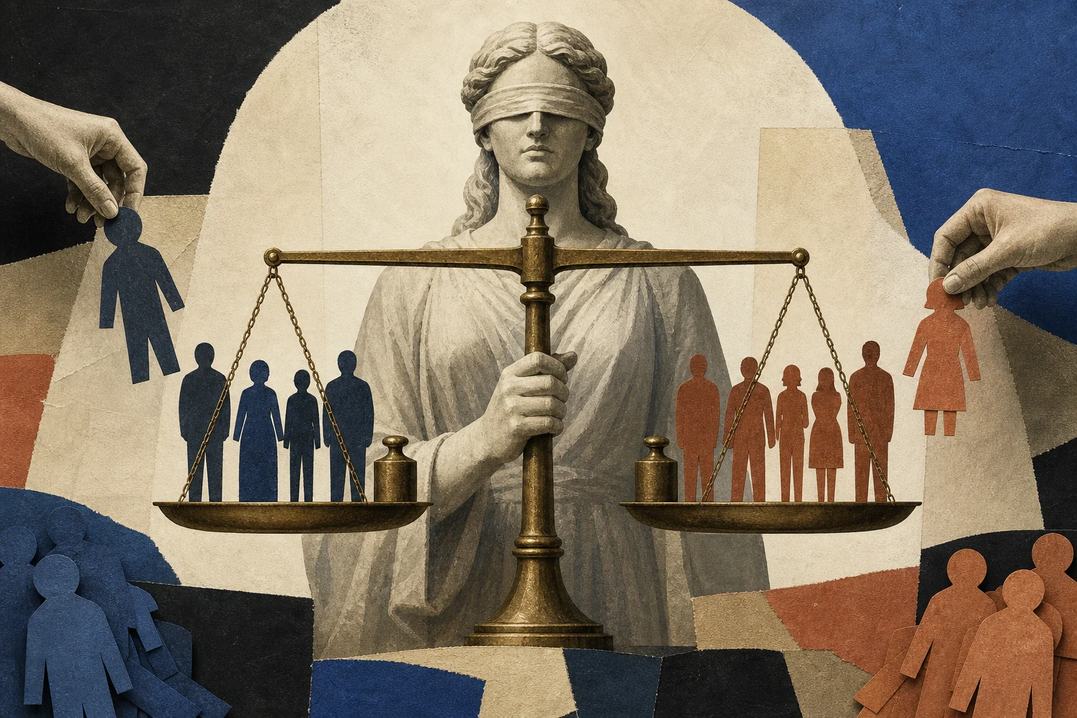 Blindfolded Justice keeps a balance level as anonymous people on both sides carry identical weights of responsibility and outside hands attempt to sort them by identity.