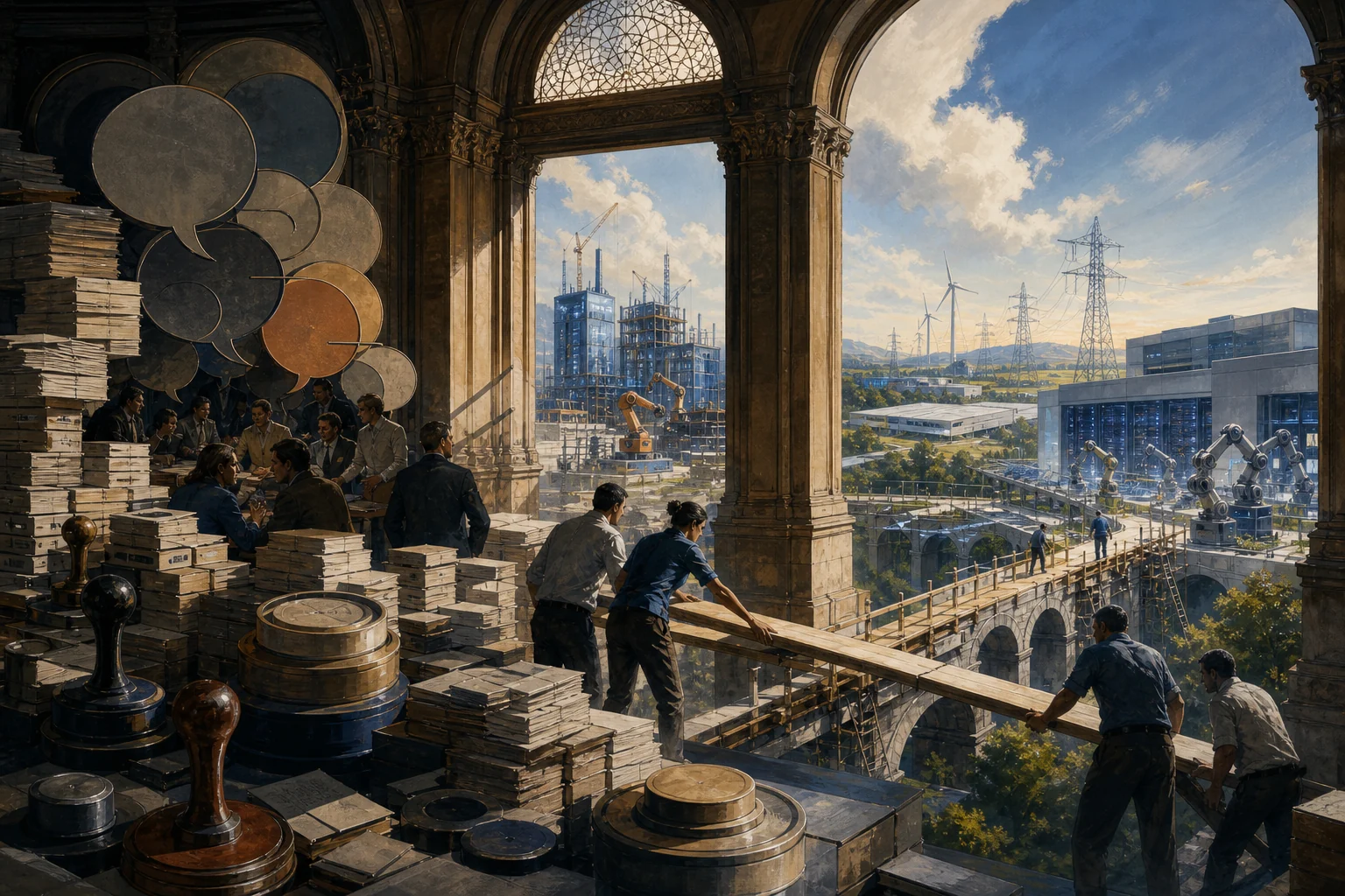 Inside an old civic hall, blank rules and circular debate crowd around idle machines while workers build a bridge towards robotics, power infrastructure, and AI industry outside.