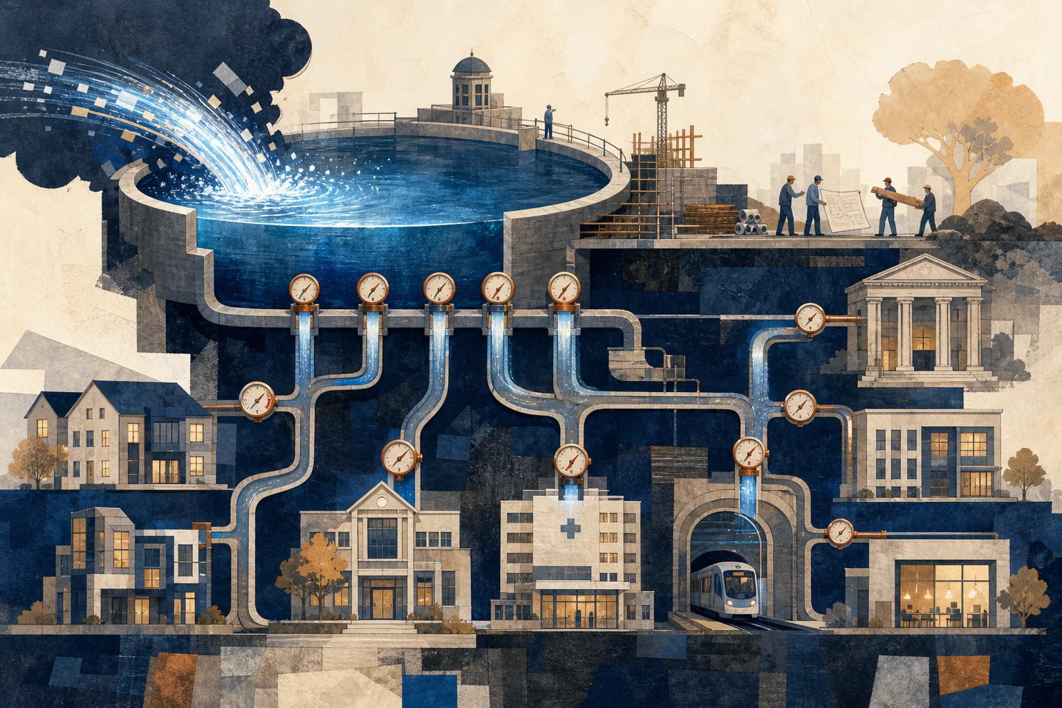 A bounded civic reservoir feeds housing, schools, hospitals, transport, courts, and administration while engineers expand a system under sudden pressure.
