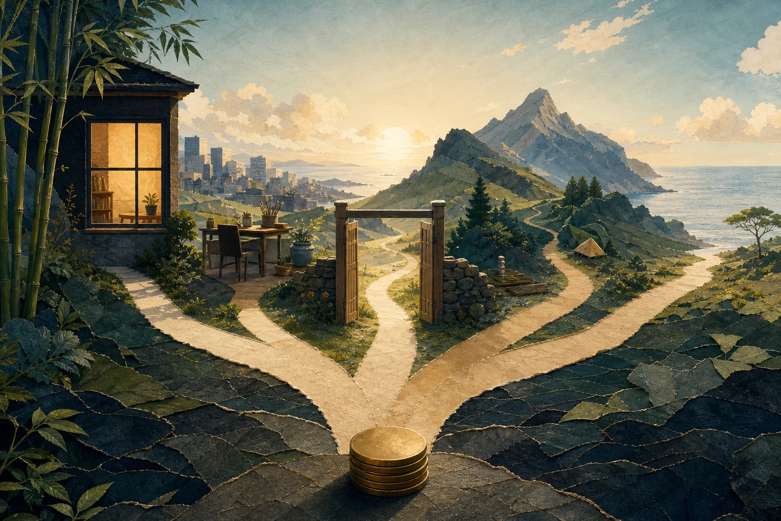 Plain brass coins become branching paths through an open gate toward a warm home, a workspace, mountains, and an open horizon.