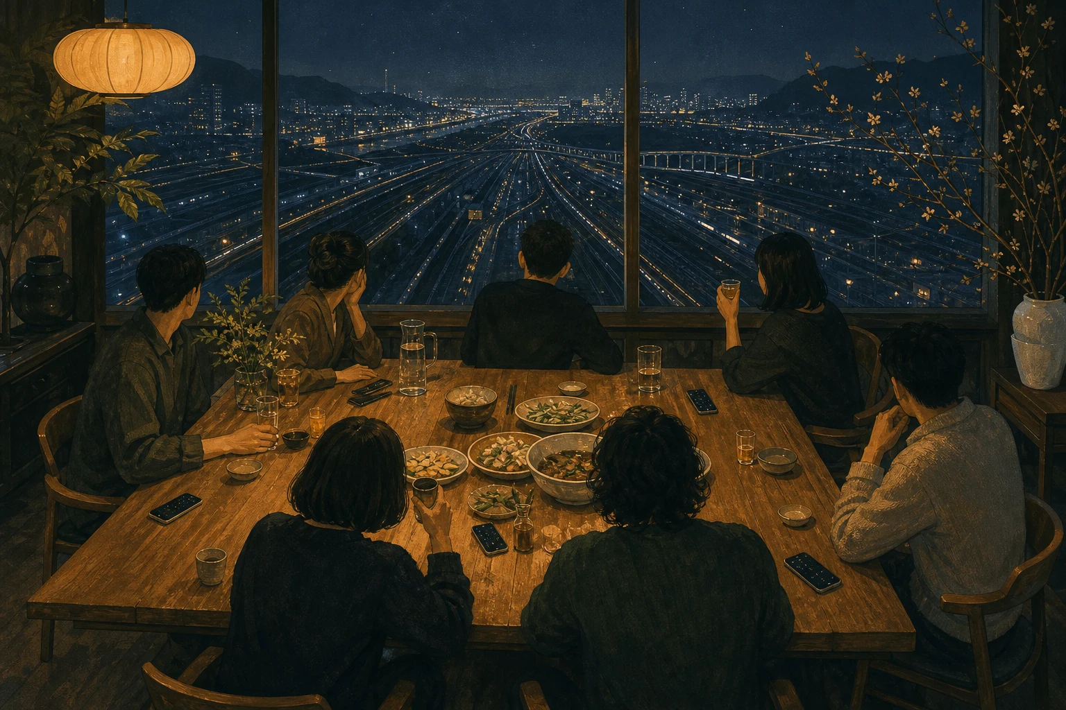 A group of anonymous illustrated friends sit around a warm dinner table while many roads fan toward distant cities beyond the windows.