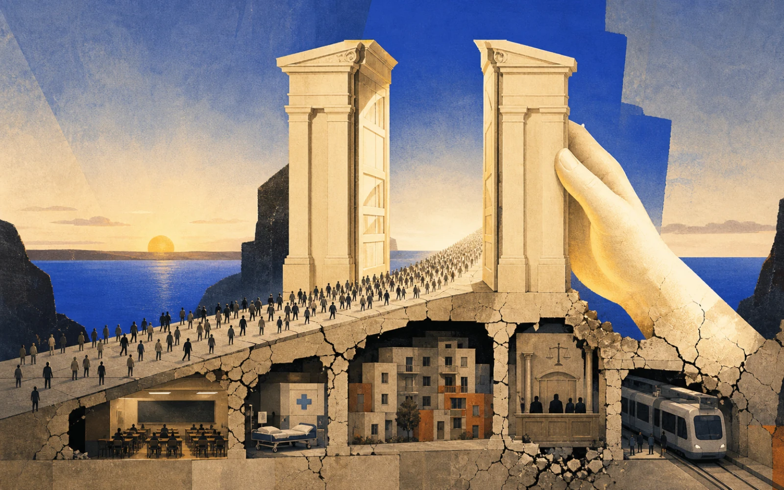 An open civic gateway admits a vast stream of anonymous people while the shared foundations of schools, health care, housing, courts, and transport begin to crack.
