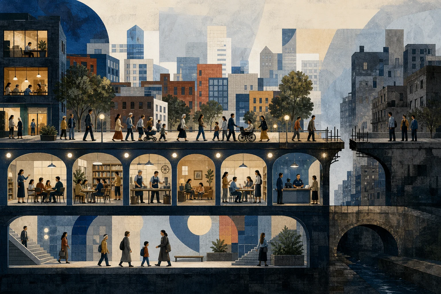 Schools, work, housing, equal participation, and impartial policing form illuminated bridges across a city, while one unfinished bridge leads to an isolated district.