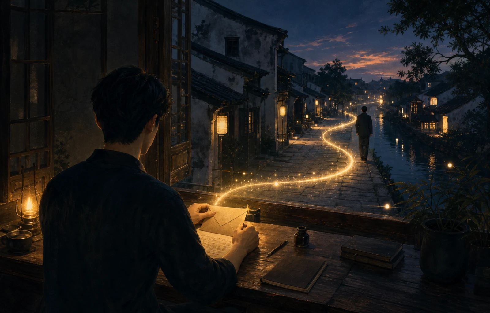 At a desk overlooking a lamplit Jiangnan water town, a young man seals a letter as a fine golden path winds toward an indistinct future version of himself.