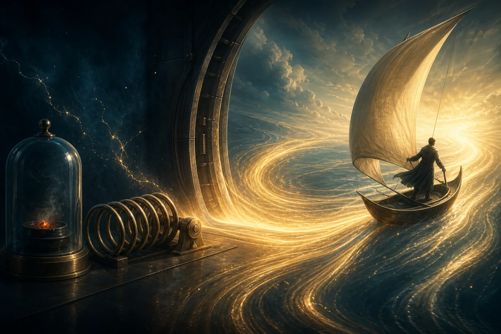 A protected ember and compressed spring release into a golden current, where a navigator unfurls a larger sail to follow the established move.