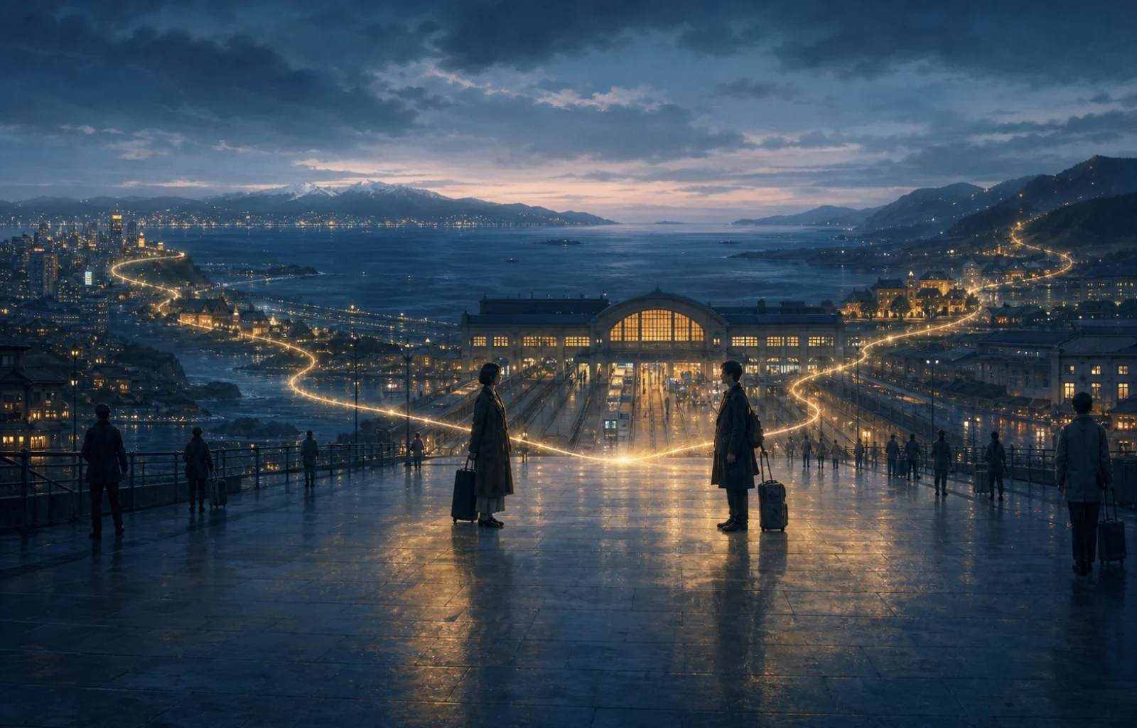 Two old friends recognize each other on a rain-lit concourse in a distant coastal city, where two long golden paths converge after crossing mountains and sea.