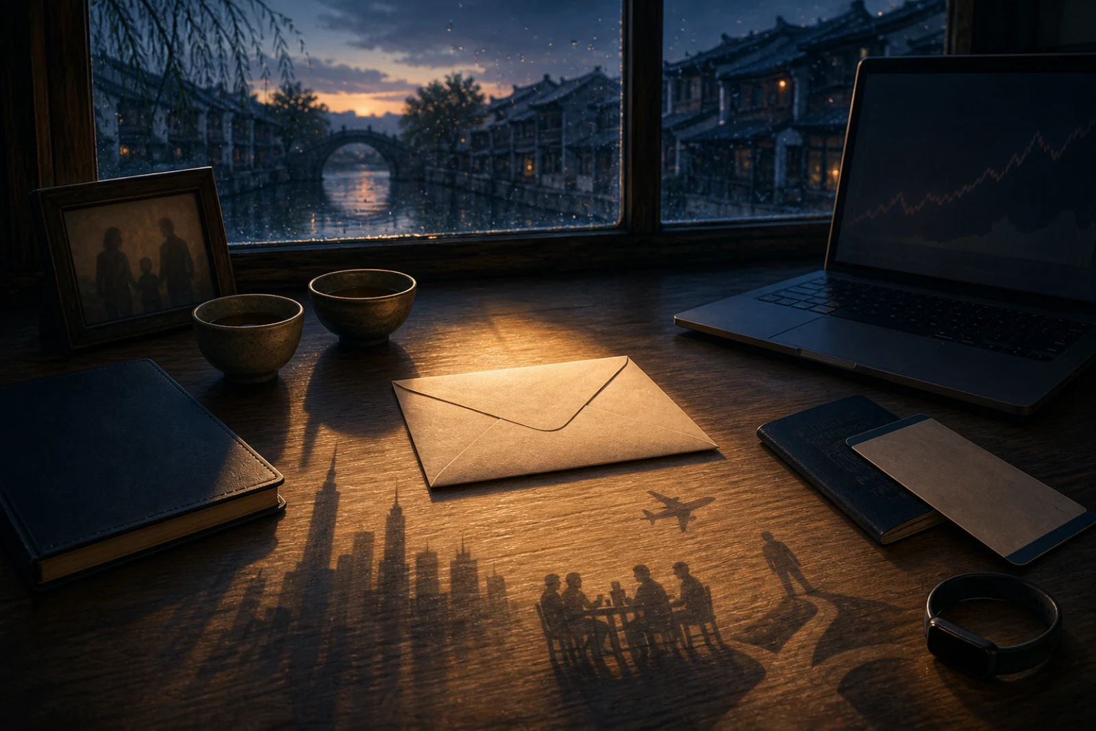 A sealed letter rests among a notebook, laptop, passport, two cups, a family photograph, and a health band, while their shadows suggest cities, travel, friendship, and paths still to come.