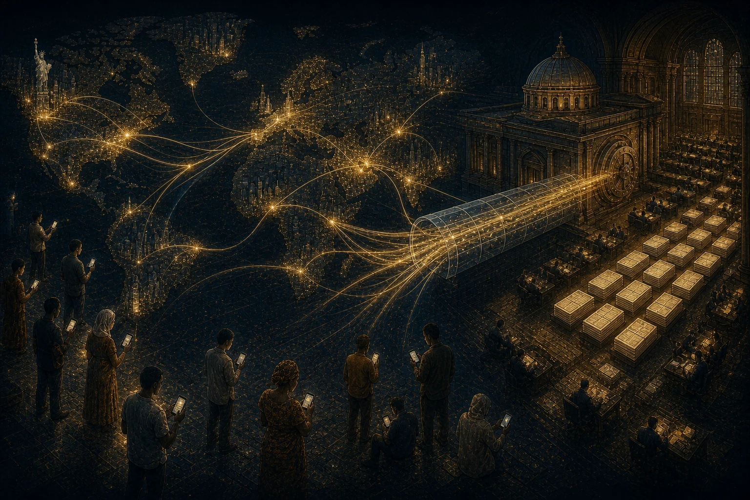 People around the world send digital value through a transparent network into a treasury market hall where reserve certificates remain visibly outstanding.