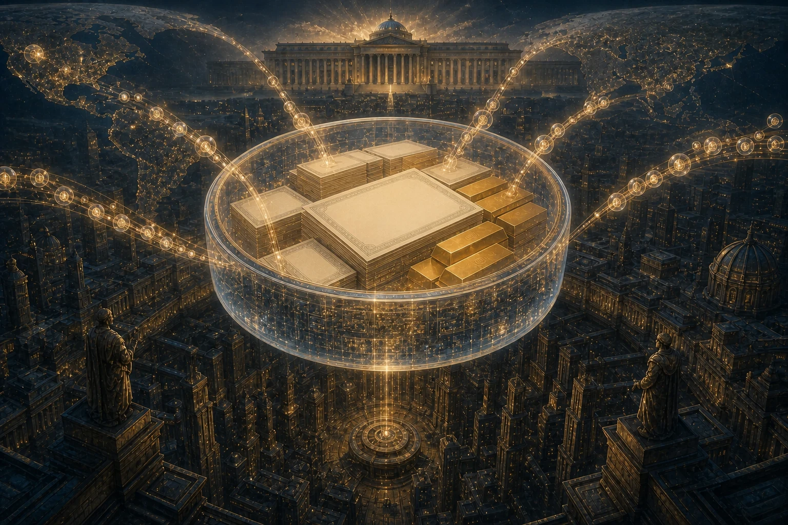 Global digital-value streams enter a transparent vessel holding reserve certificates and gold above a financial city, with a sovereign treasury building on the horizon.