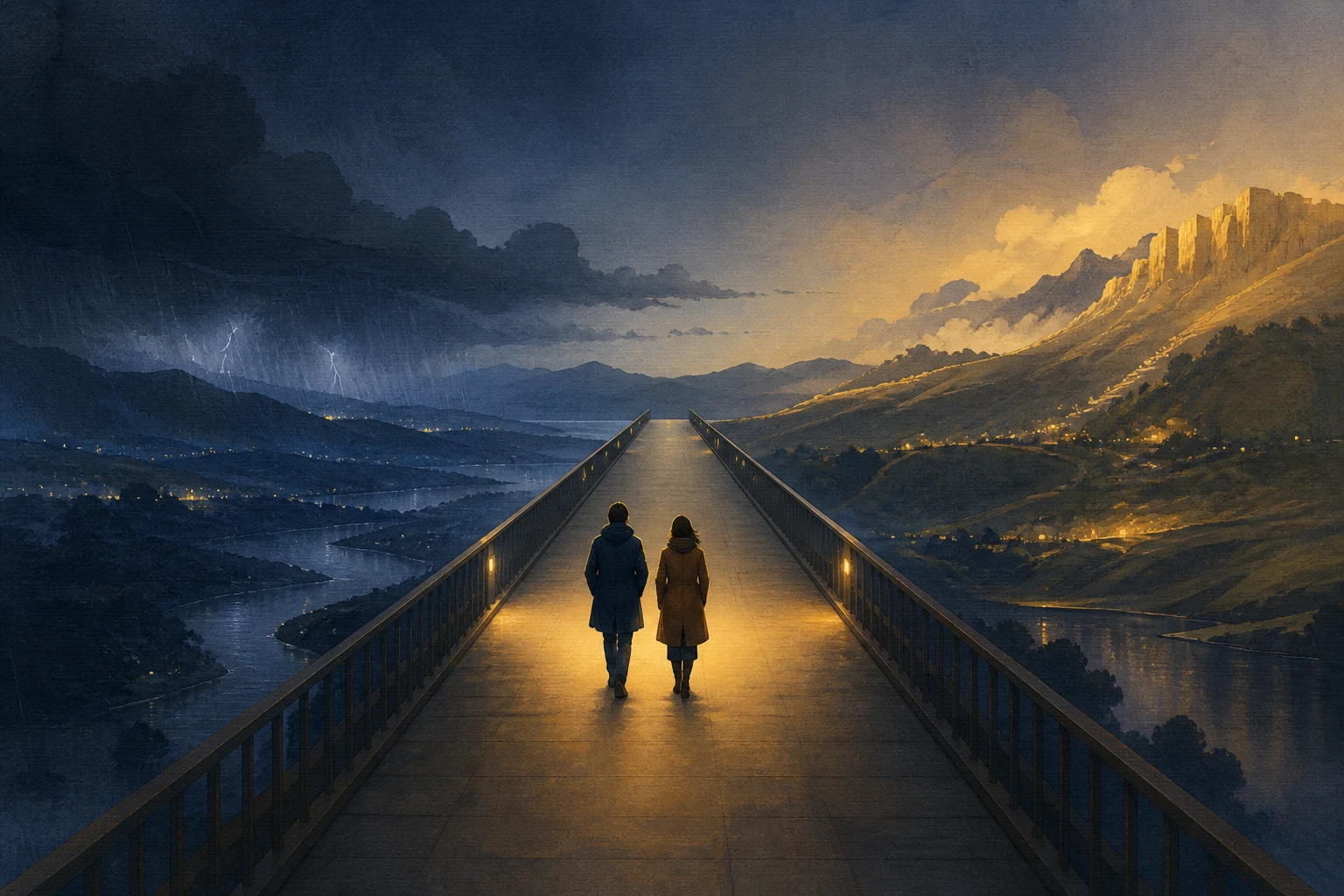 Two anonymous illustrated figures walk side by side along a level bridge between a storm-dark valley and sunlit mountains.