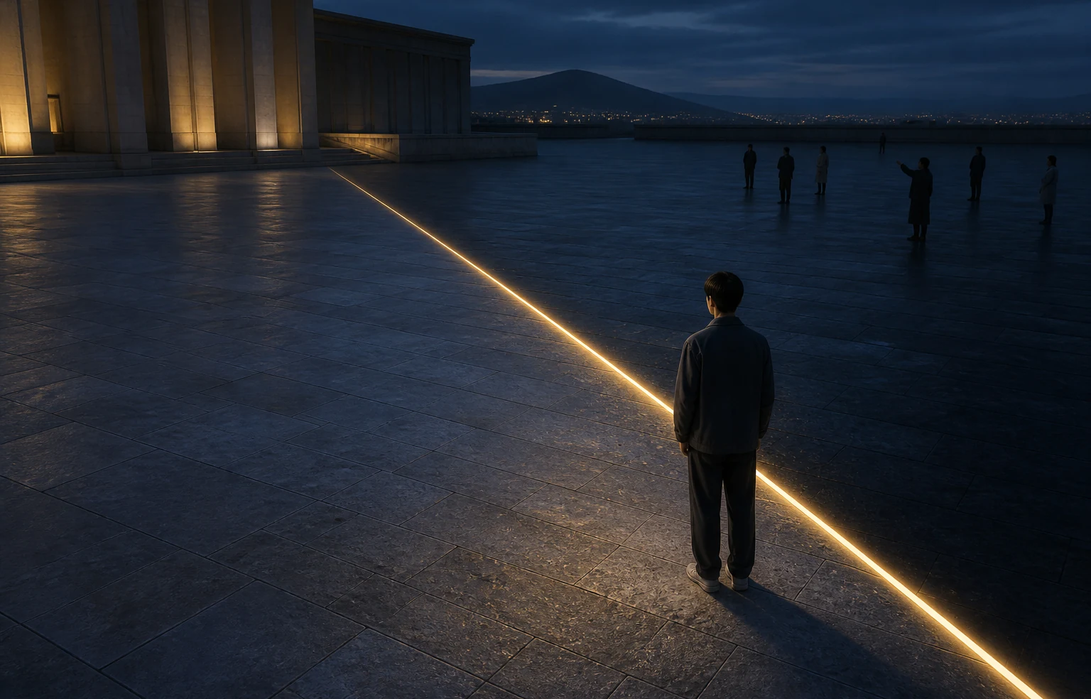 A calm figure stands one step inside a luminous golden boundary on a vast blue-hour plaza while distant observers point from across the open space.