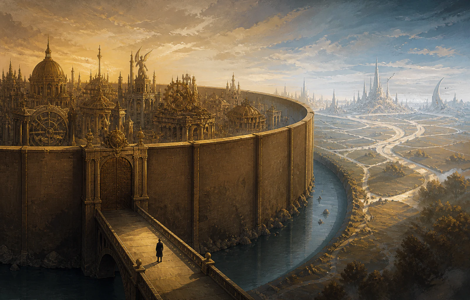 A prosperous golden citadel is sealed behind a moat and monumental wall while unfamiliar roads and a new city emerge outside.