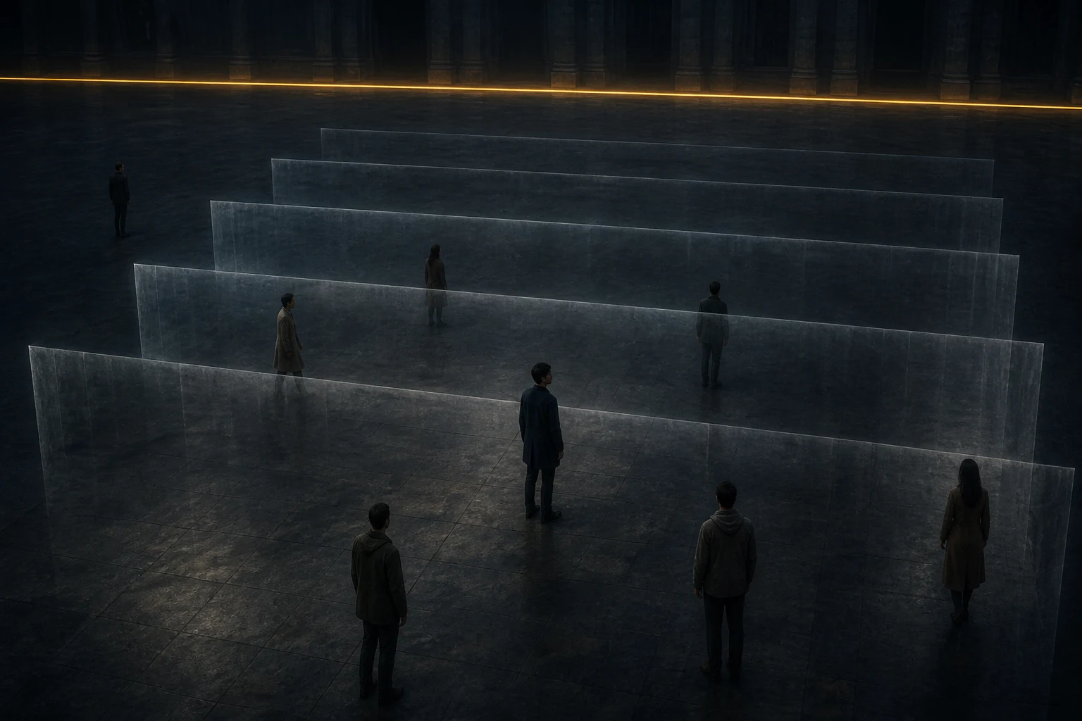 A fixed golden boundary remains in the distance while a sequence of translucent unofficial walls advances inward around people who have crossed no line.