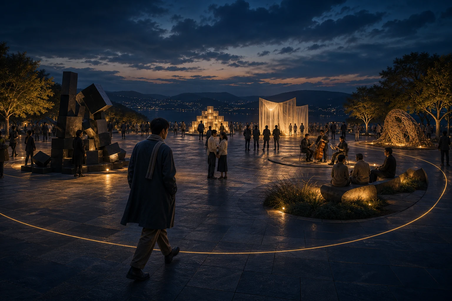 A person chooses another open path through a dusk plaza where varied installations and groups coexist inside one shared golden boundary.