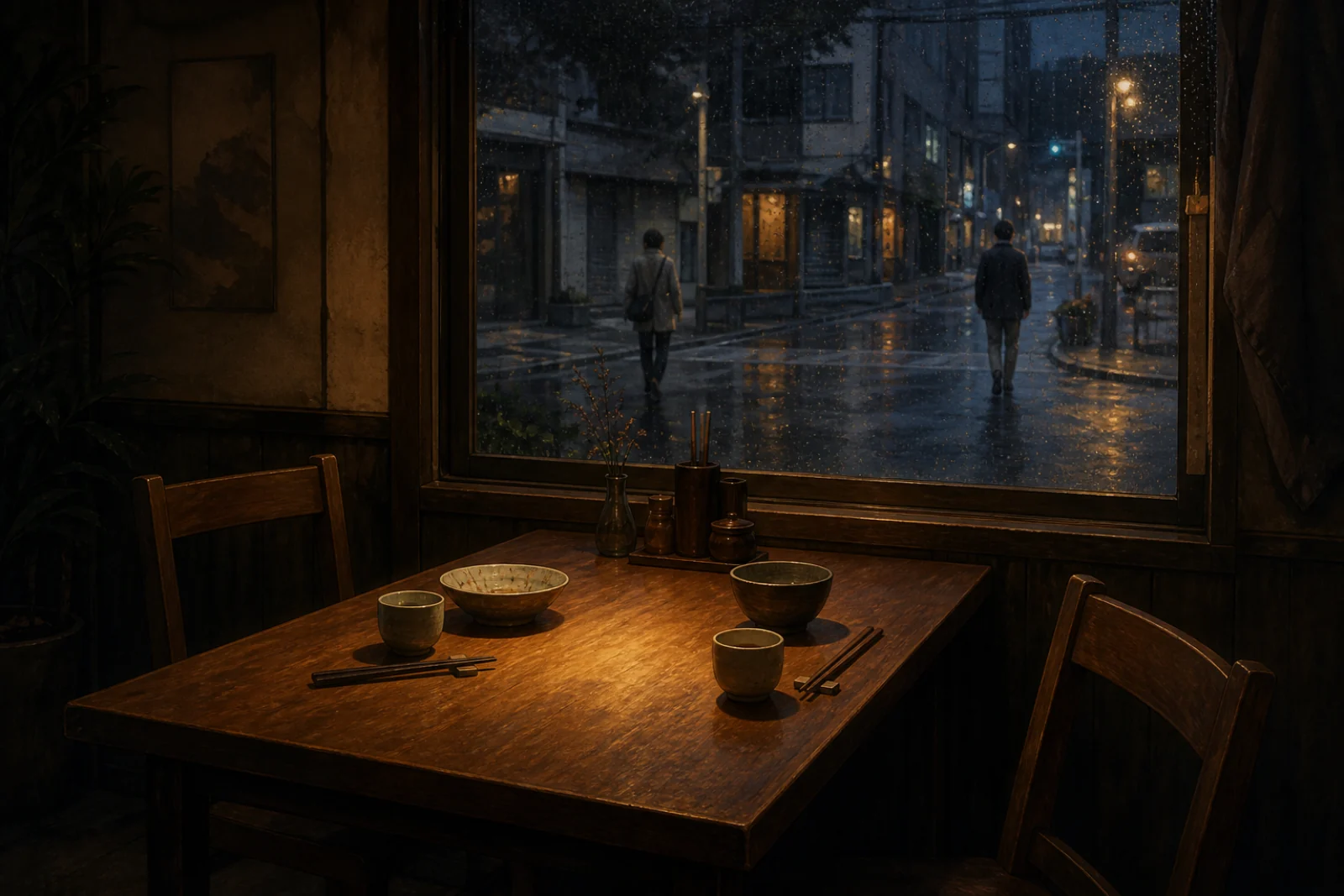 Two empty chairs and a recently used dinner table glow inside a quiet restaurant while two friends walk away in opposite directions along a rainy street.