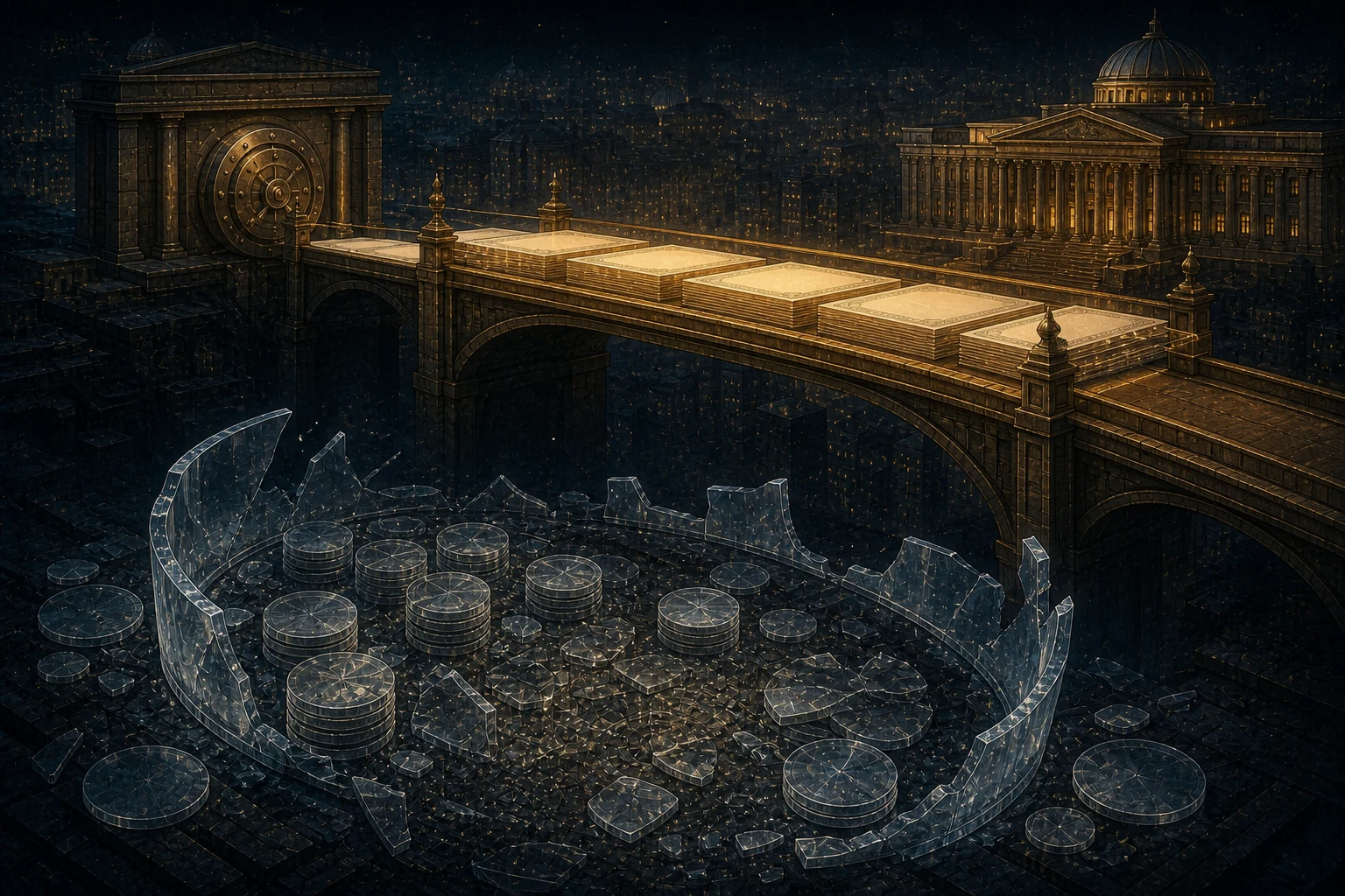 A broken glass shell of payment tokens lies below an intact bridge carrying reserve certificates between a private vault and a sovereign treasury hall.