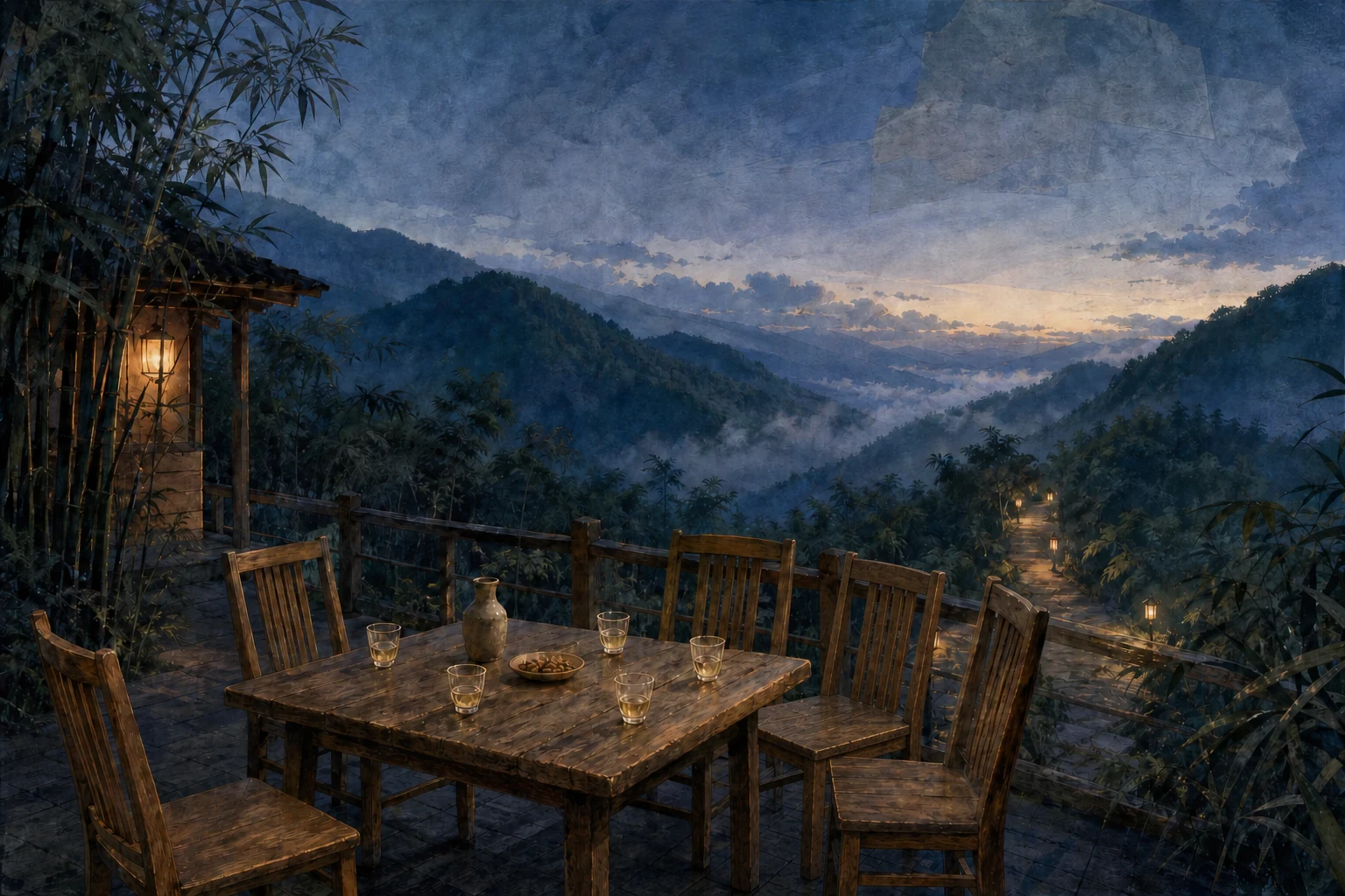 Five empty chairs surround a table with sweet wine above misty bamboo mountains, while a lantern-lit path leads toward the horizon.