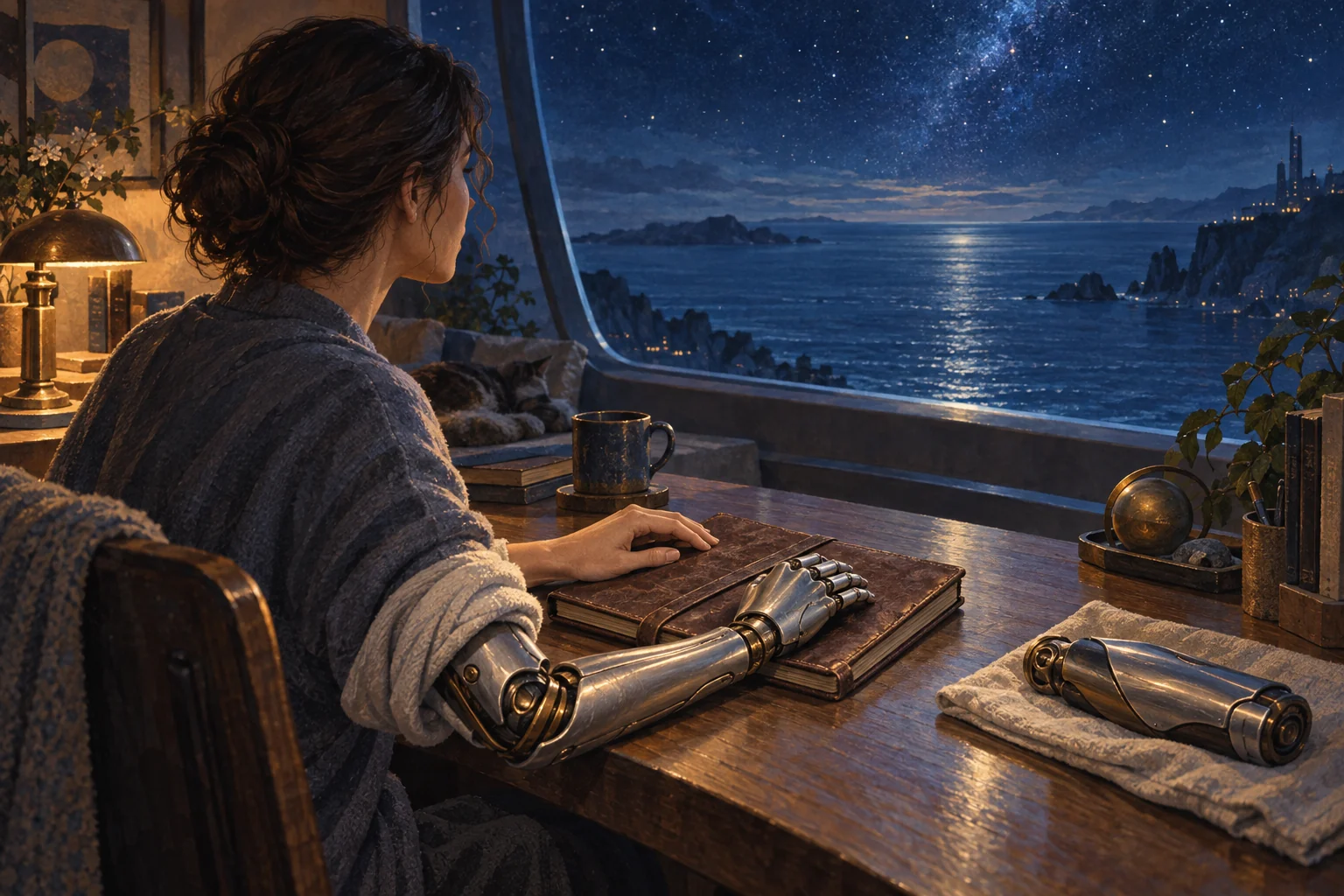 A person by a window rests a natural hand and a mechanical hand on a worn journal, with a spare forearm module nearby and a blue sea beyond.