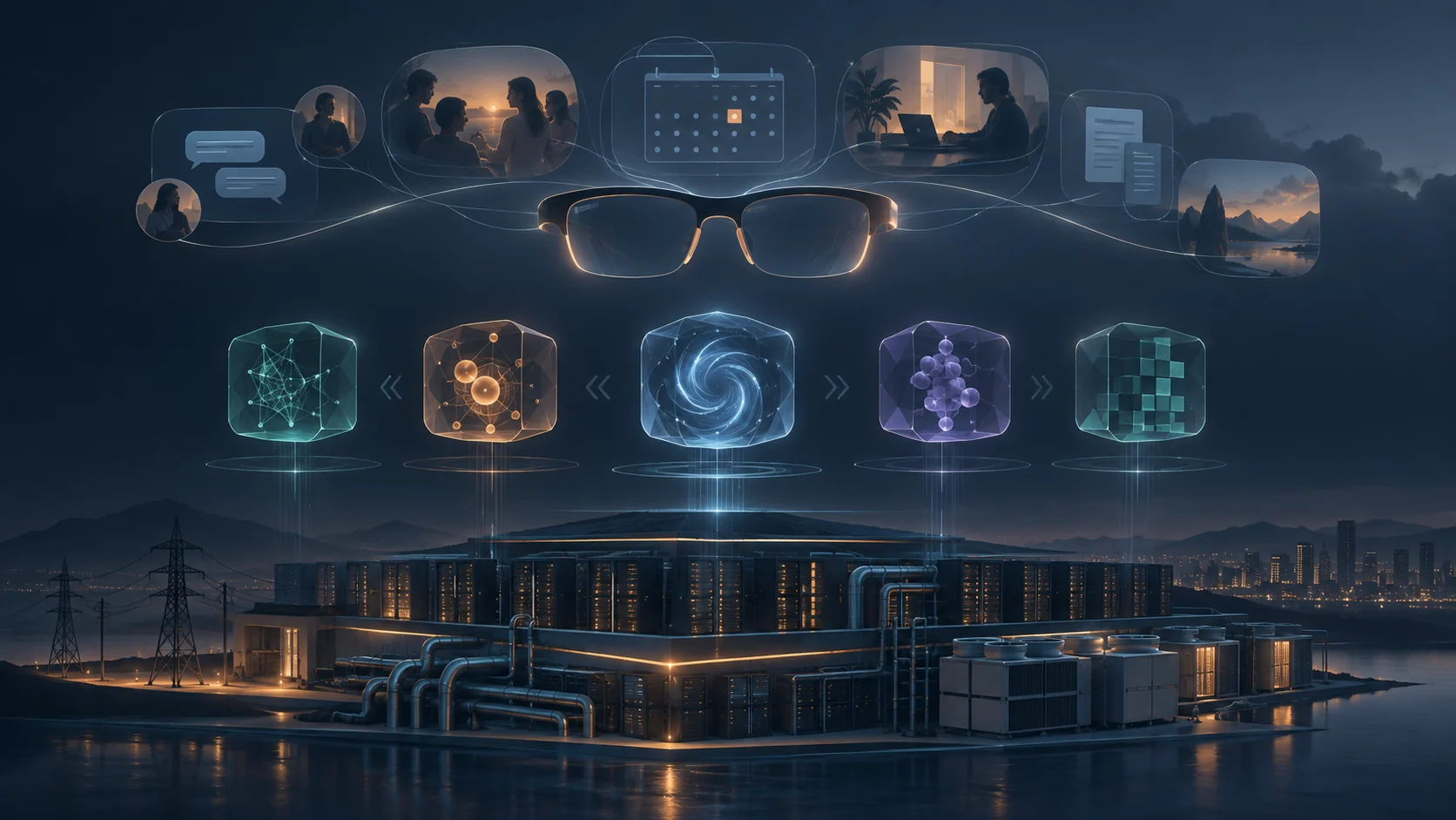 Power and data centres support interchangeable models beneath glasses connected to social, calendar, and work experiences.