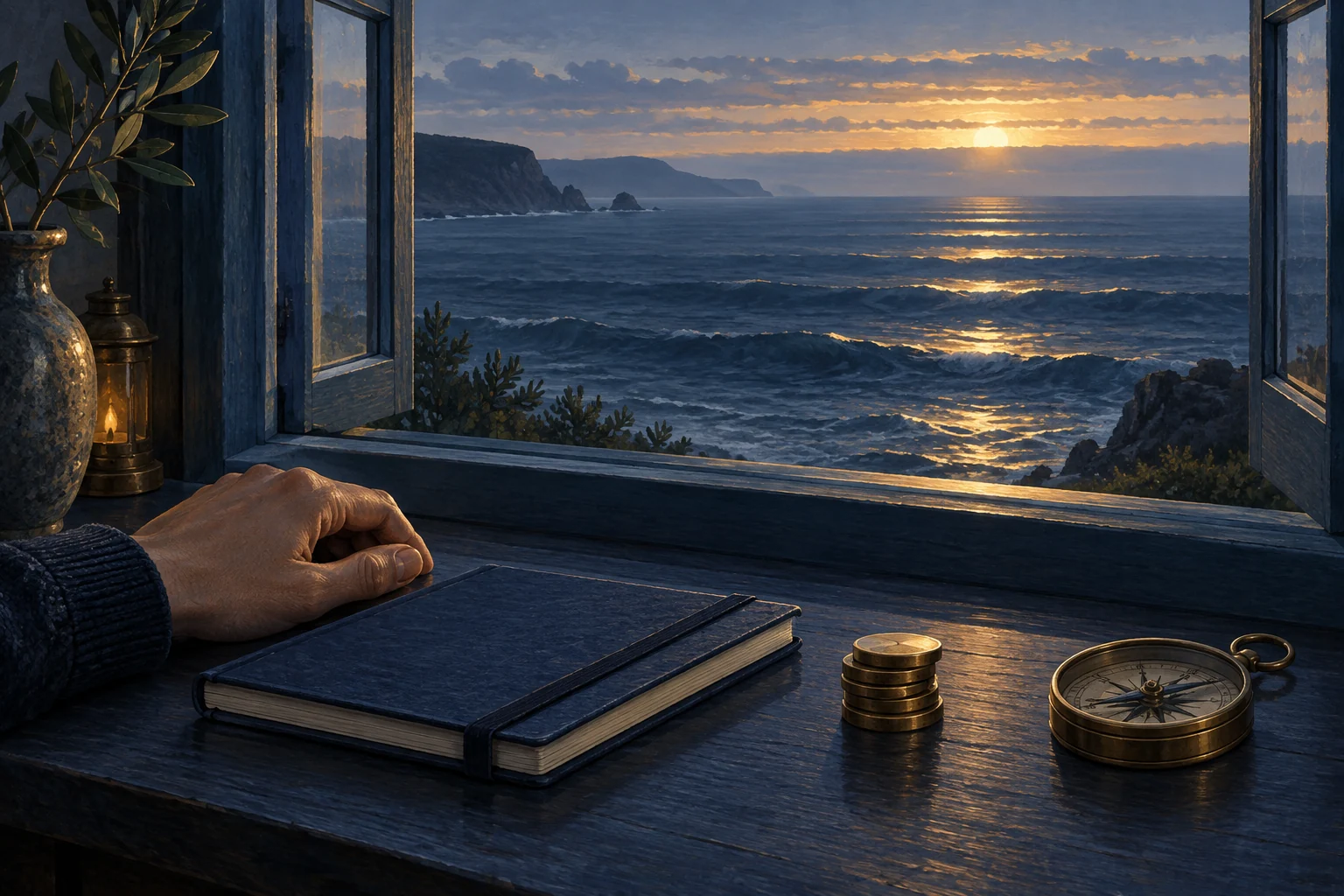 A modest stack of brass counters, a closed blue notebook, and a compass rest on a desk by an open window overlooking gentle golden swells on a blue sea.