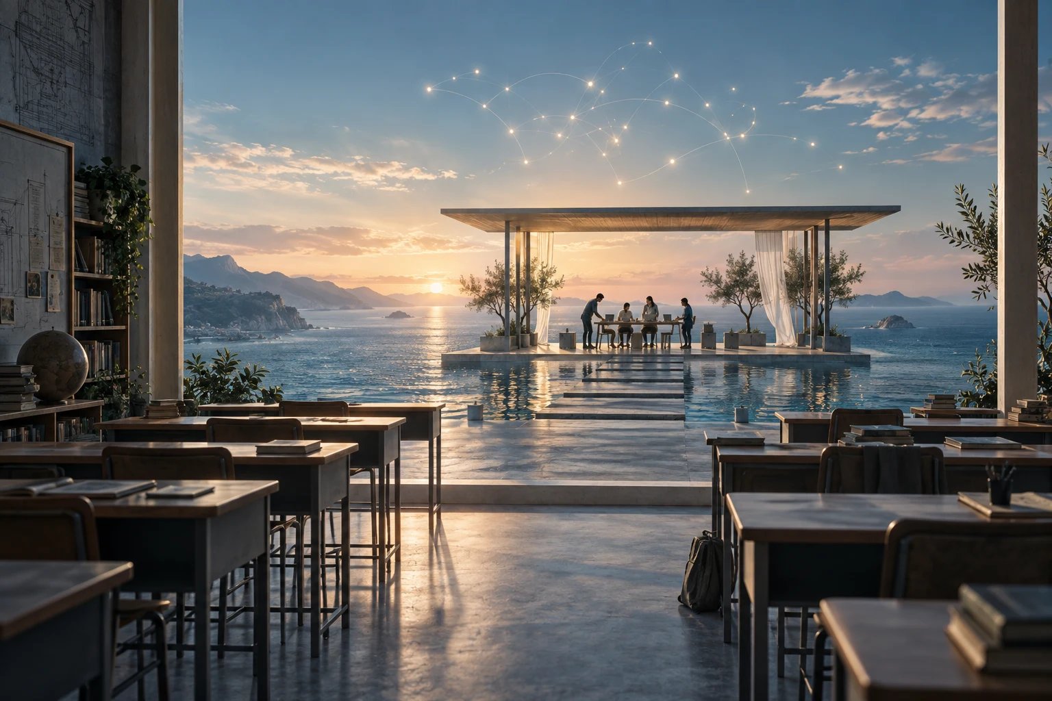 Rows of classroom desks face a sunlit sea, where people gather around a table in an open pavilion beneath a constellation of connected lights.