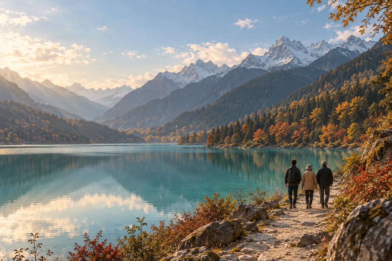 Editorial illustration of three family members walking beside a blue mountain lake in autumn, with layered peaks beyond.