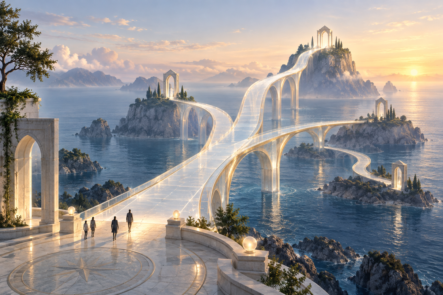 People stand on a shared terrace above a dawn sea, where a translucent bridge branches into paths reaching different heights.