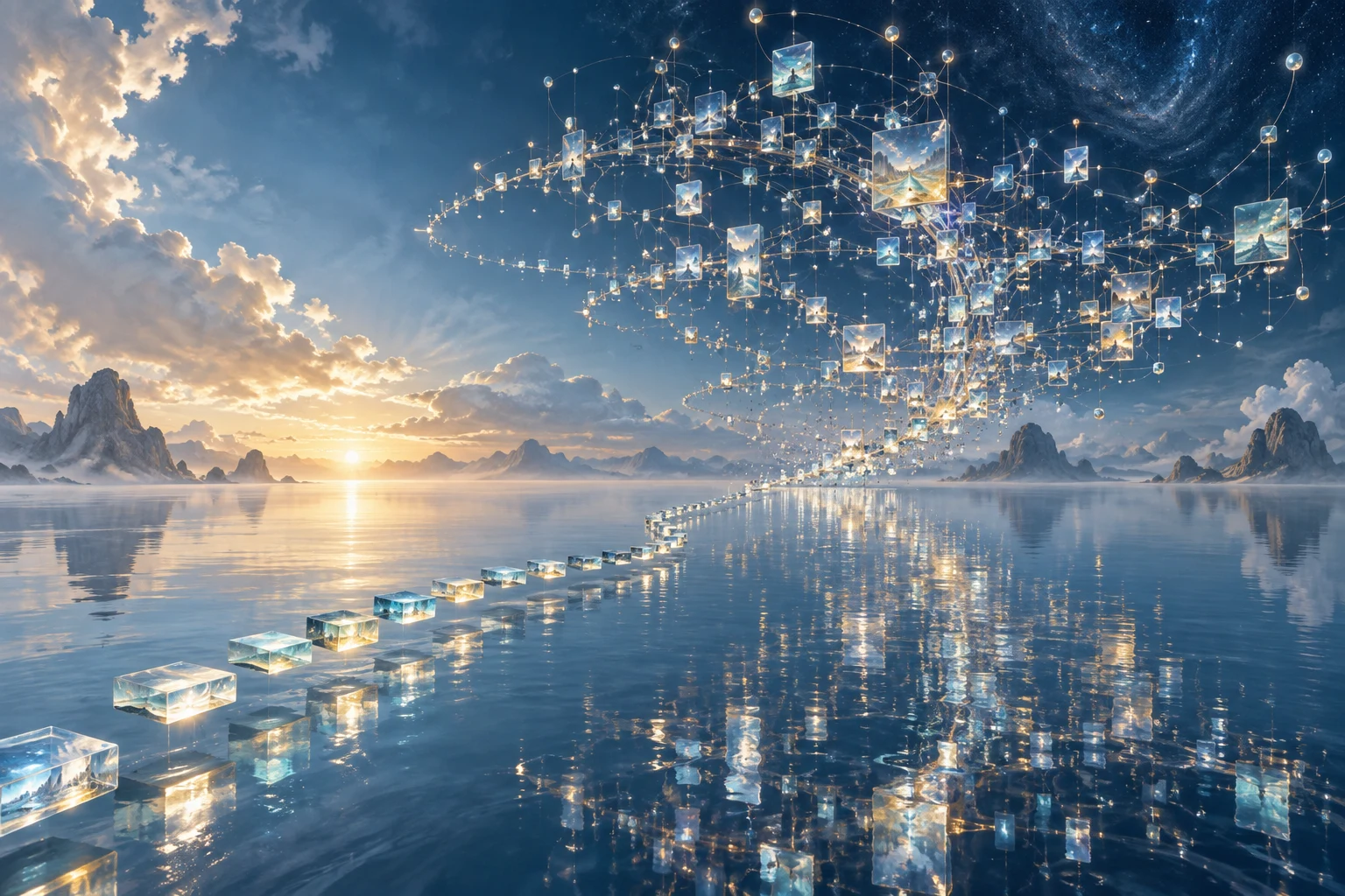 A sequence of transparent tiles above a calm sea unfolds into a vast constellation of luminous nodes and connecting lines.