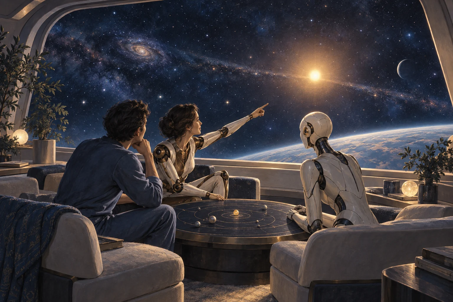 Three travelers with natural and mechanical bodies sit together around a table inside a starship, facing a distant warm star through a panoramic window.