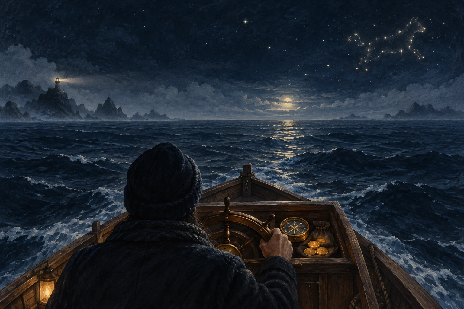 A navigator guides a small boat across a dark blue sea, with a brass compass and a few protected amber tokens, while a distant golden constellation suggests a running dog.
