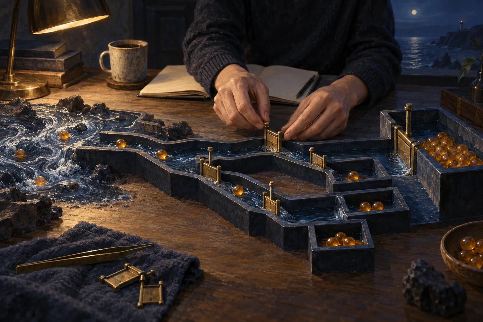 Hands assemble a brass gate in a miniature network of blue channels, guiding amber spheres through measured paths and separate compartments on a quiet desk.