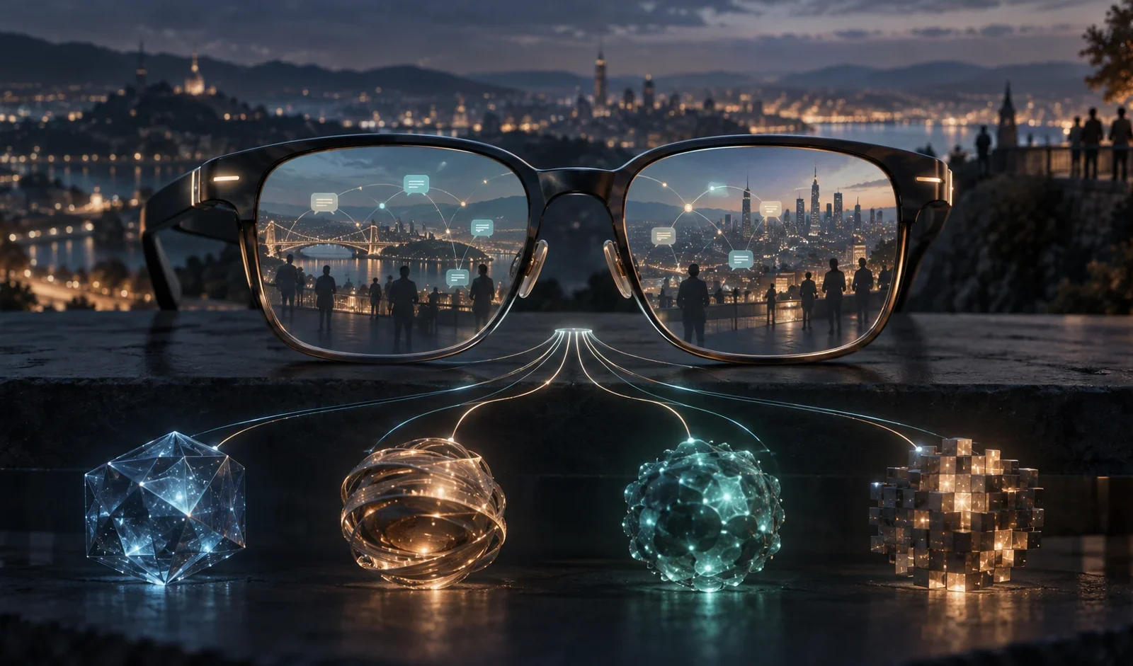 Smart glasses reflect a city and communication links while several abstract AI model cores connect below the frame.